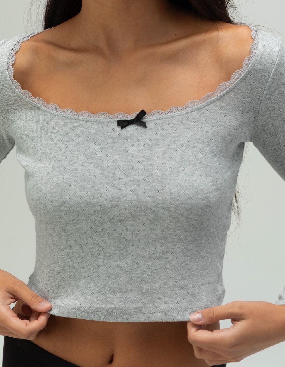 RSQ Womens Pointelle Bow Long Sleeve Top - HEATHER GRAY Product Image