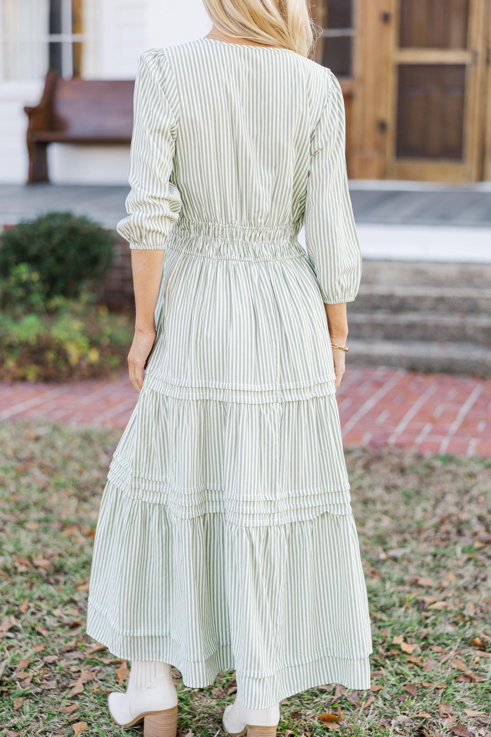 It's In The Air Olive Green Striped 3/4 Sleeve Midi Dress Female Product Image