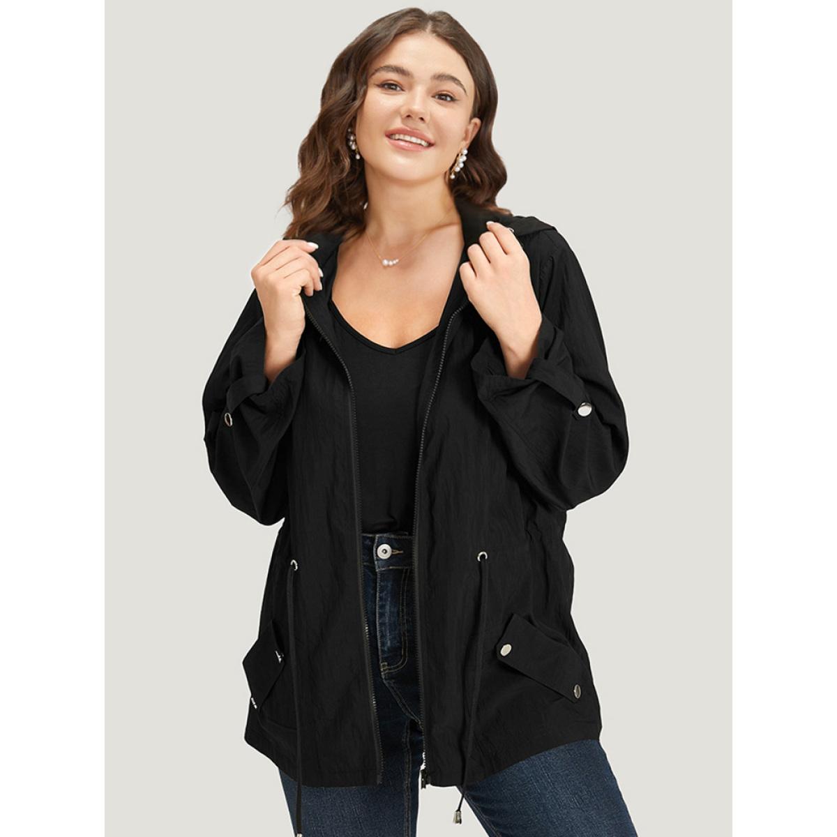 Plus Size Plain Hooded Zipper Drawstring Tab Sleeve Coat Women Black Plain Pocket Everyday Jackets BloomChic 18-20/2X Product Image