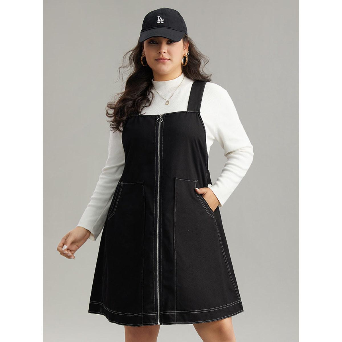 Plus Size Twill O Ring Zipper Pocket Spaghetti Strap Dress Black Women Casual Plain Spaghetti Strap Sleeveless Curvy Midi Dress BloomChic 10/M Product Image