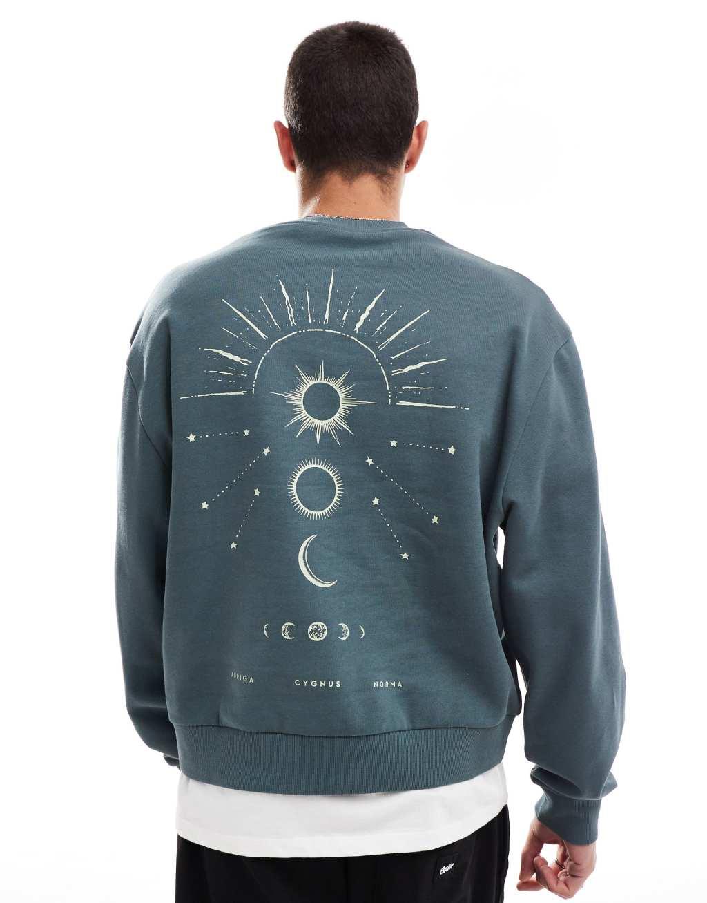ASOS DESIGN boxy oversized sweatshirt with back celestial print in washed navy Product Image