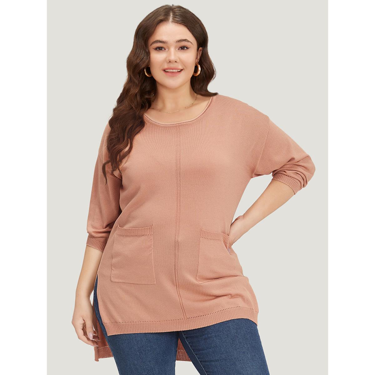 Plus Size Solid Patched Pocket Split Side High Low Hem Pullover Salmon Women Casual Loose Elbow-length sleeve Round Neck Dailywear Pullovers BloomChic 14-16/1X Product Image
