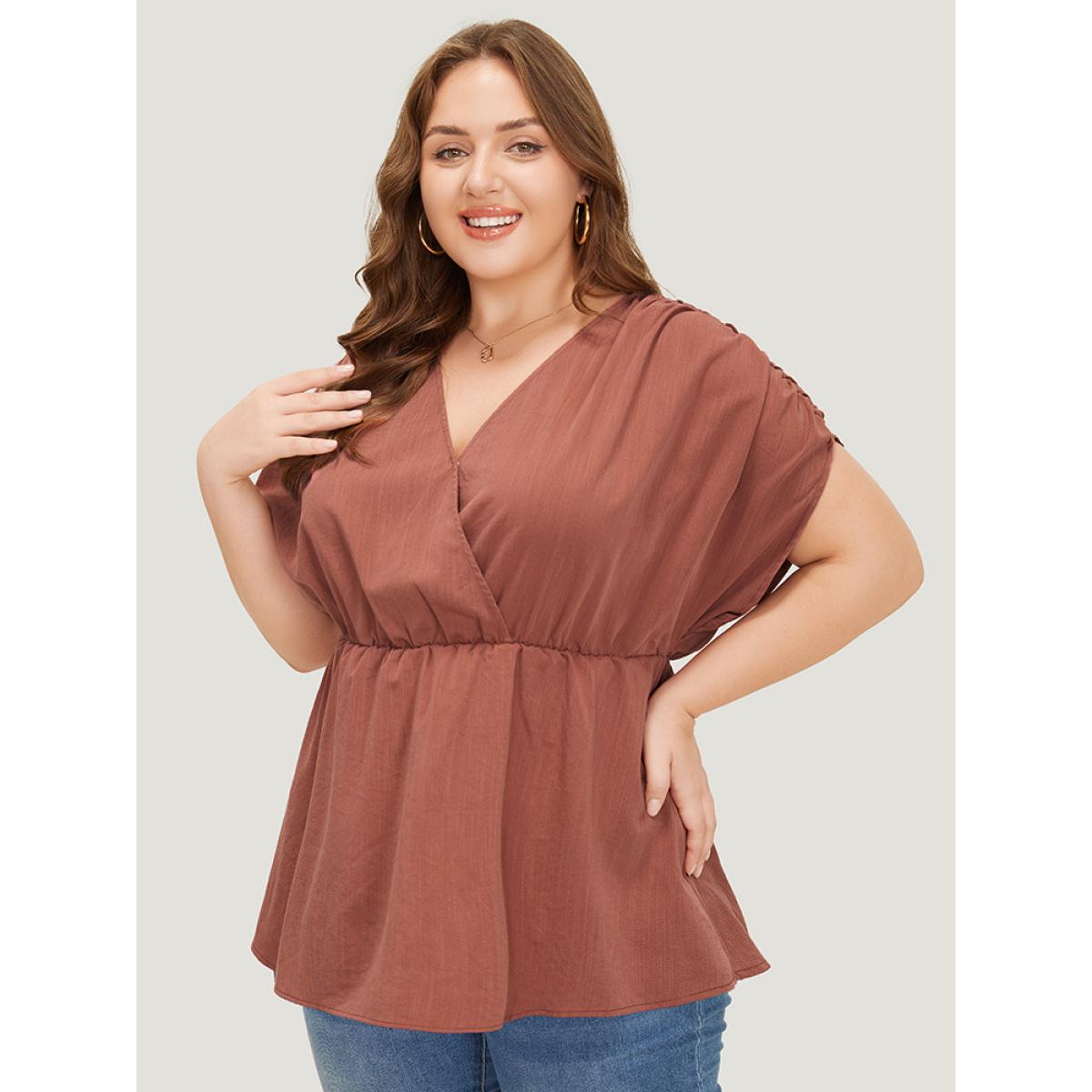 Plus Size Rust Plain Ruched Shoulder Wrap Blouse Women Elegant Short sleeve V-neck Dailywear Blouses BloomChic 12/L Product Image