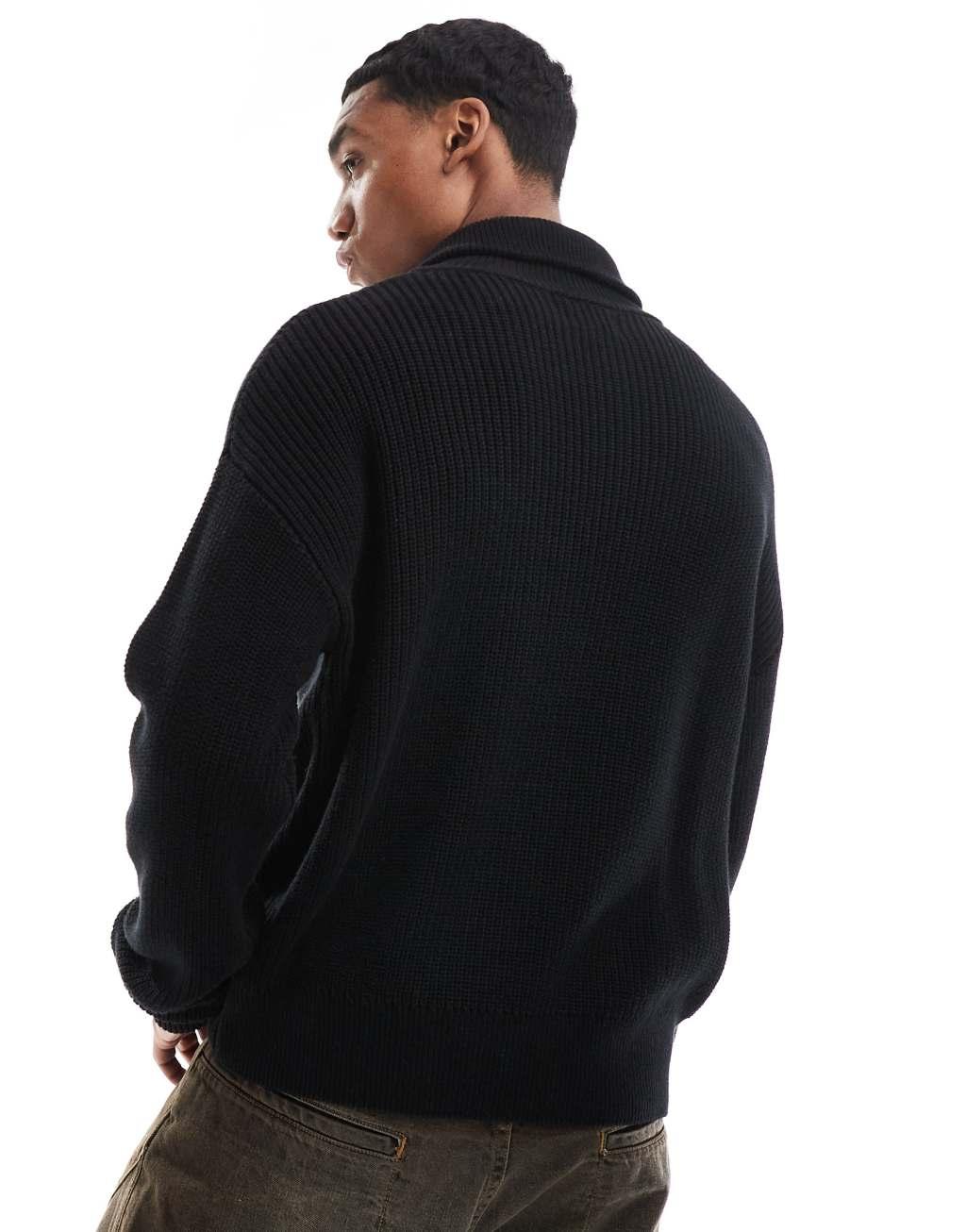 Pull&Bear 1/4 zip knitted sweater in black Product Image