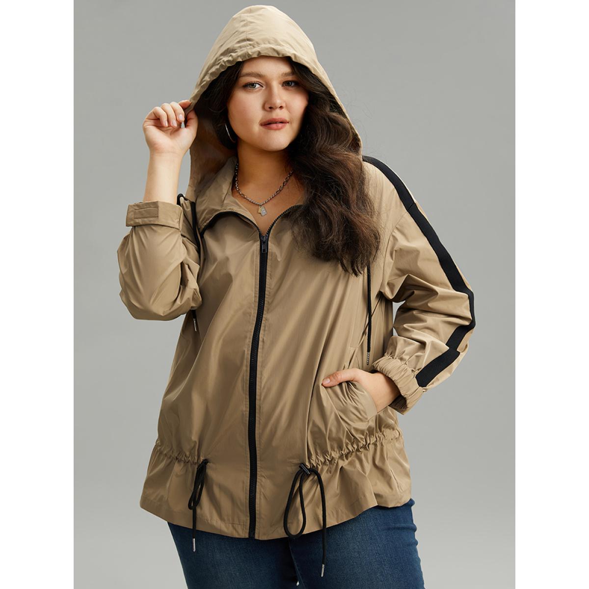 Plus Size Wind-Resistant Contrast Trim Drawstring Jacket Women Tan Elastic cuffs Pocket Dailywear Jackets BloomChic 28/5X Product Image