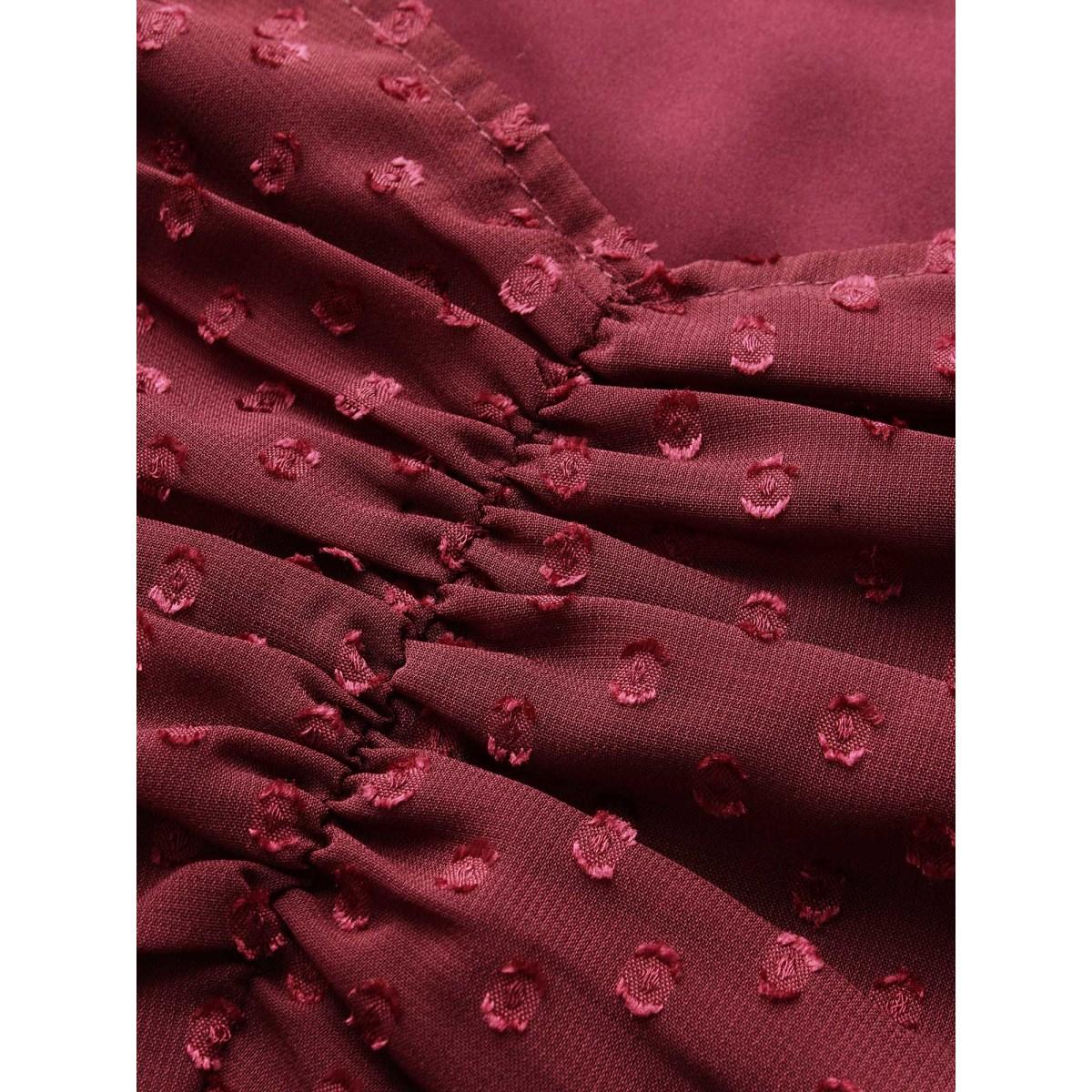 Plus Size Plain Textured Ruched Lantern Sleeve Dress Scarlet Women Elegant Heart neckline Elbow-length sleeve Curvy BloomChic 26/4X Product Image