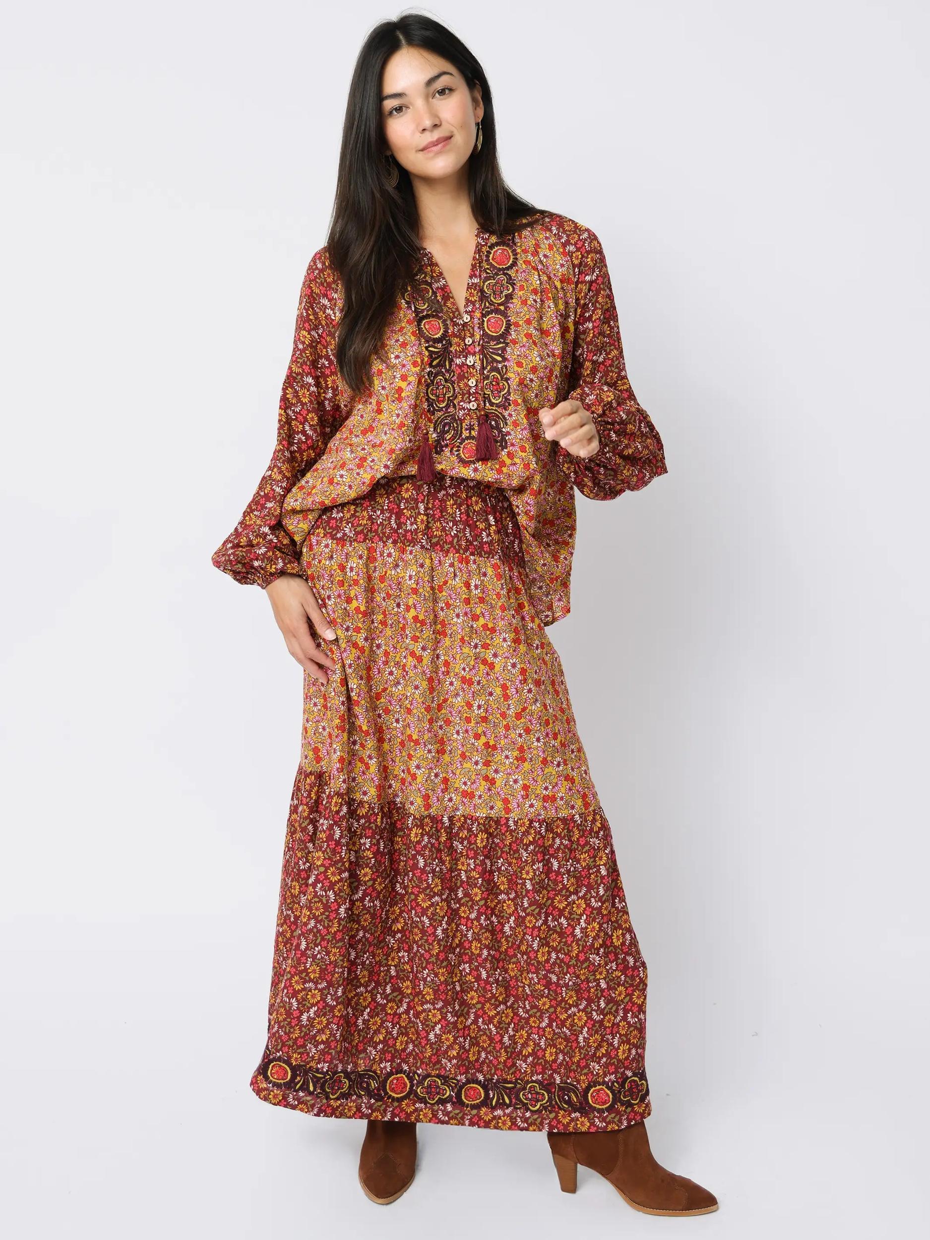 Camille Embroidered Maxi Skirt - Stemmed Daisies Wine Product Image