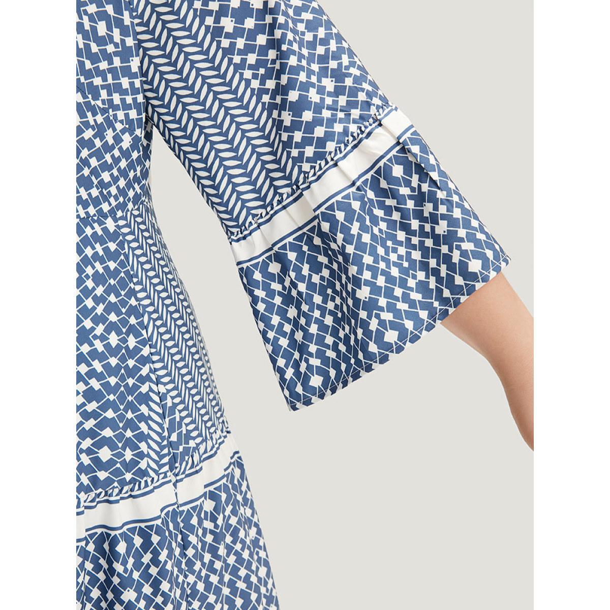 Plus Size Bandana Print Notched Pocket Patchwork Dress Stone Women Vacation Gathered Notched collar Elbow-length sleeve Curvy Midi Dress BloomChic 22-24/3X Product Image