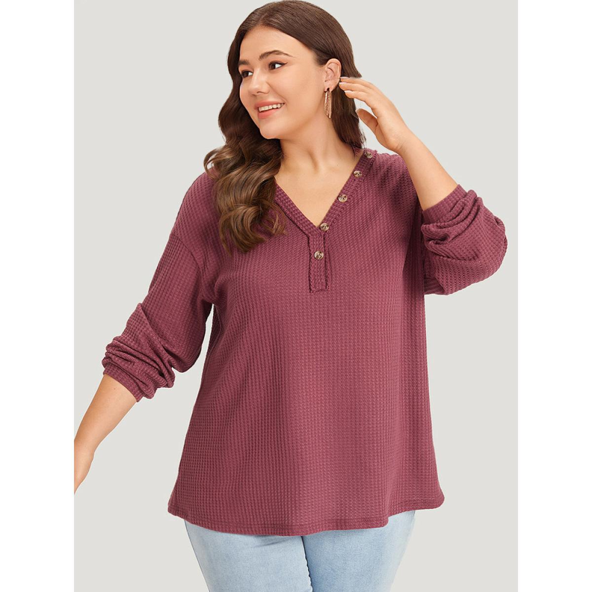 Plus Size Waffle Knit Button Detail V Neck T-shirt Russet Women Casual Elastic cuffs Plain V-neck Dailywear T-shirts BloomChic 14-16/1X Product Image