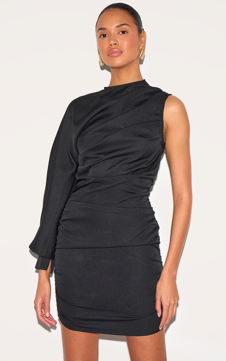 Black One Sleeve Ruched Woven Bodycon Dress Product Image