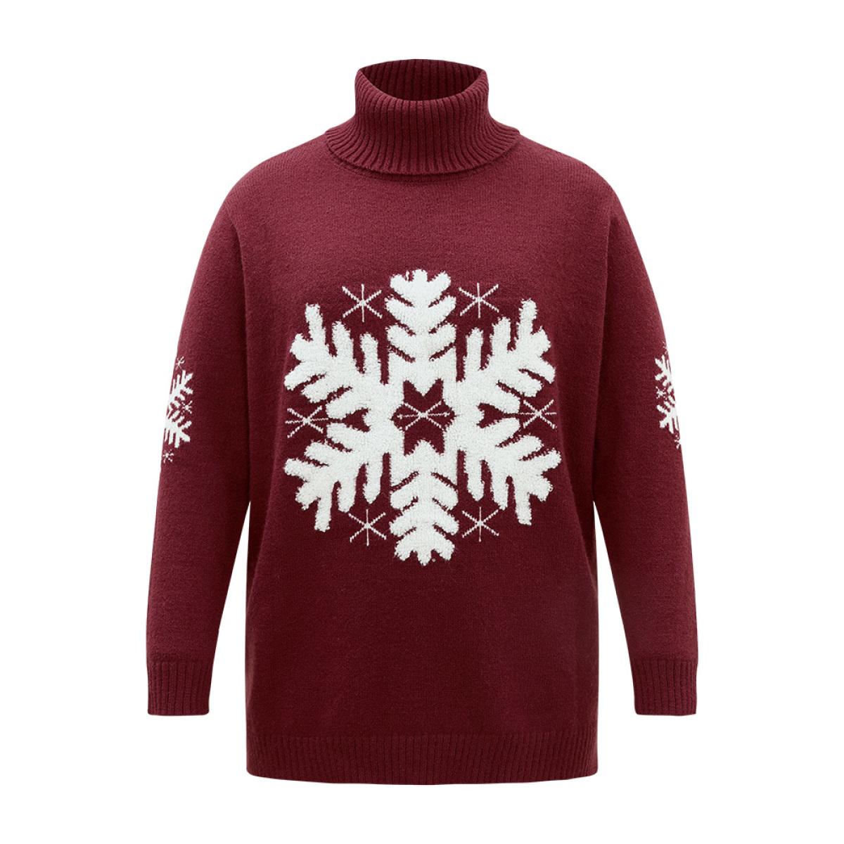 Plus Size Snowflake Turtle Neck Fuzzy Pullover Scarlet Women Casual Loose Long Sleeve Turtleneck Festival-Christmas Pullovers BloomChic 10/M Product Image