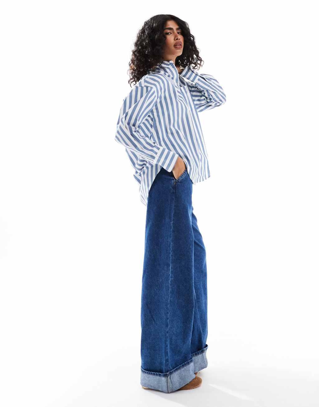 JJXX oversized shirt in blue stripe Product Image