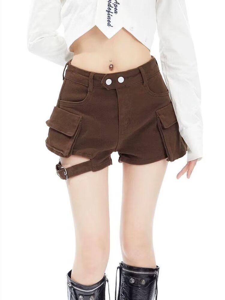 High Waist Plain Cutout Buckled Denim Wide Leg Cargo Shorts Product Image