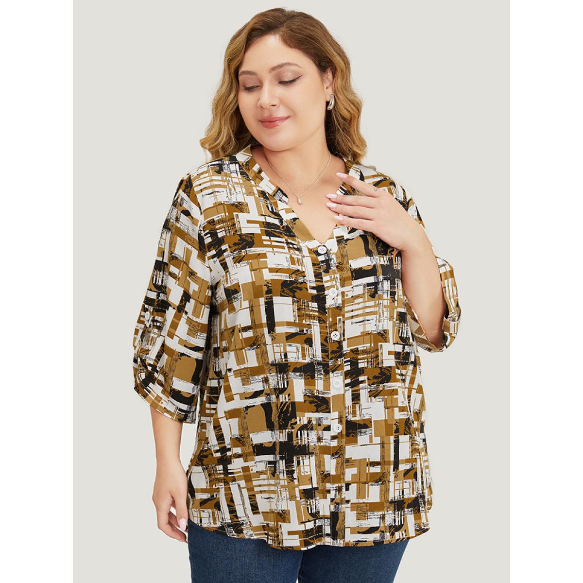 Plus Size Bronze Graphic Print Notched Button Detail Cuffed Sleeve Blouse Women Office Elbow-length sleeve Notched collar Office Blouses BloomChic 28/5X Product Image