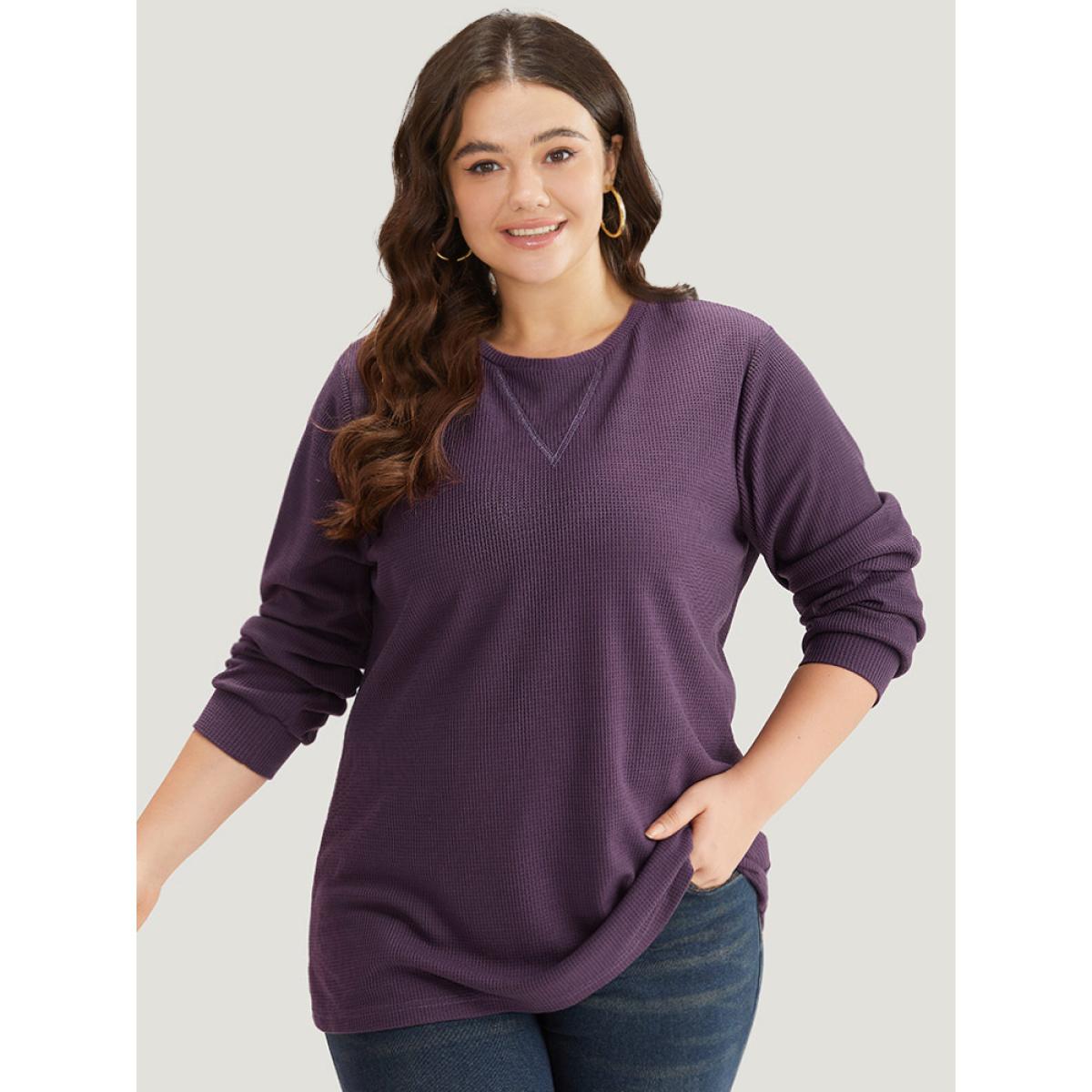 Plus Size Plain Textured Stitch Crew Neck Sweatshirt Women Eggplant Casual Elastic cuffs Round Neck Dailywear Sweatshirts BloomChic 14-16/1X Product Image