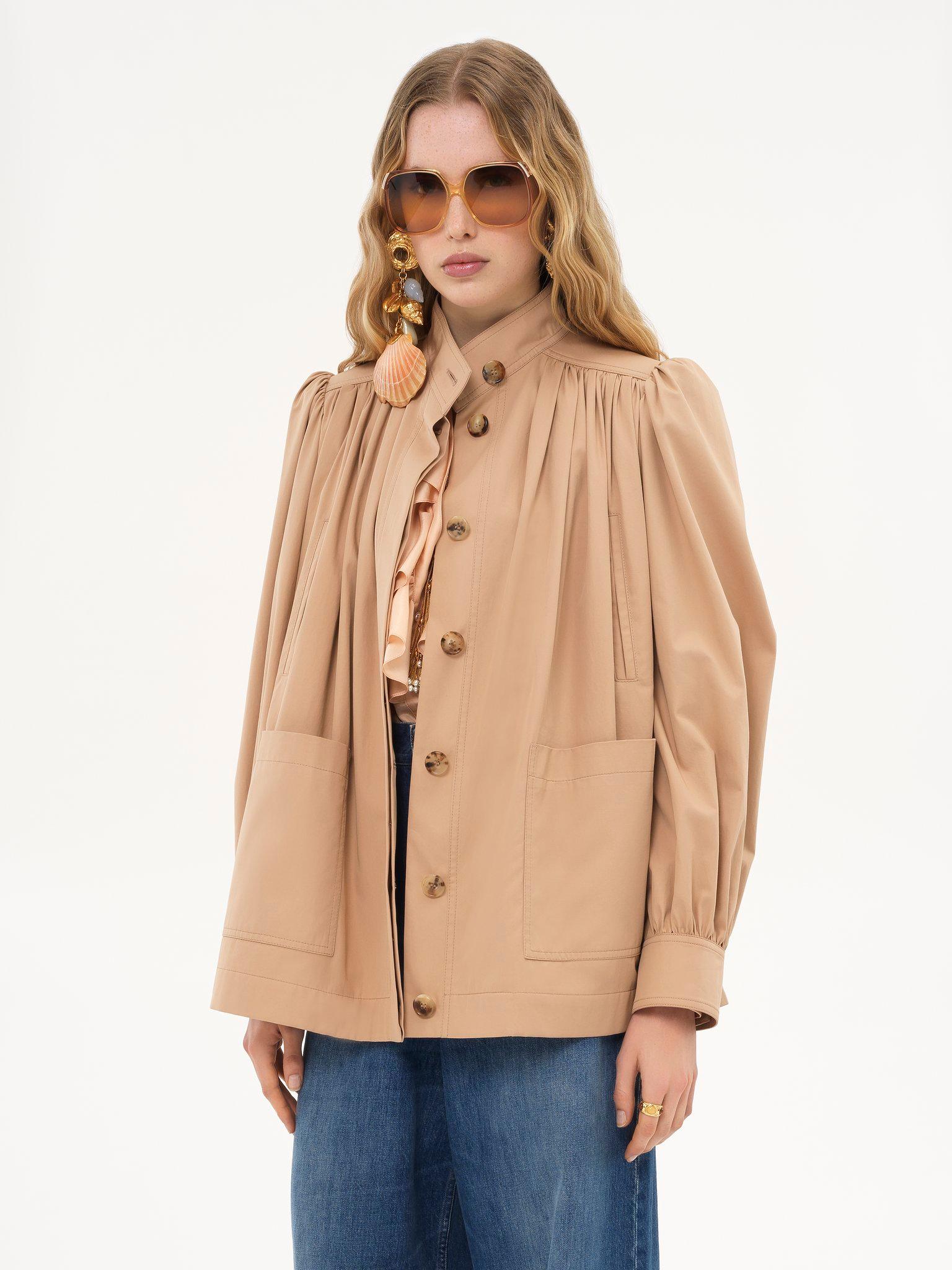 High-neck gathered jacket in cotton gabardine Product Image