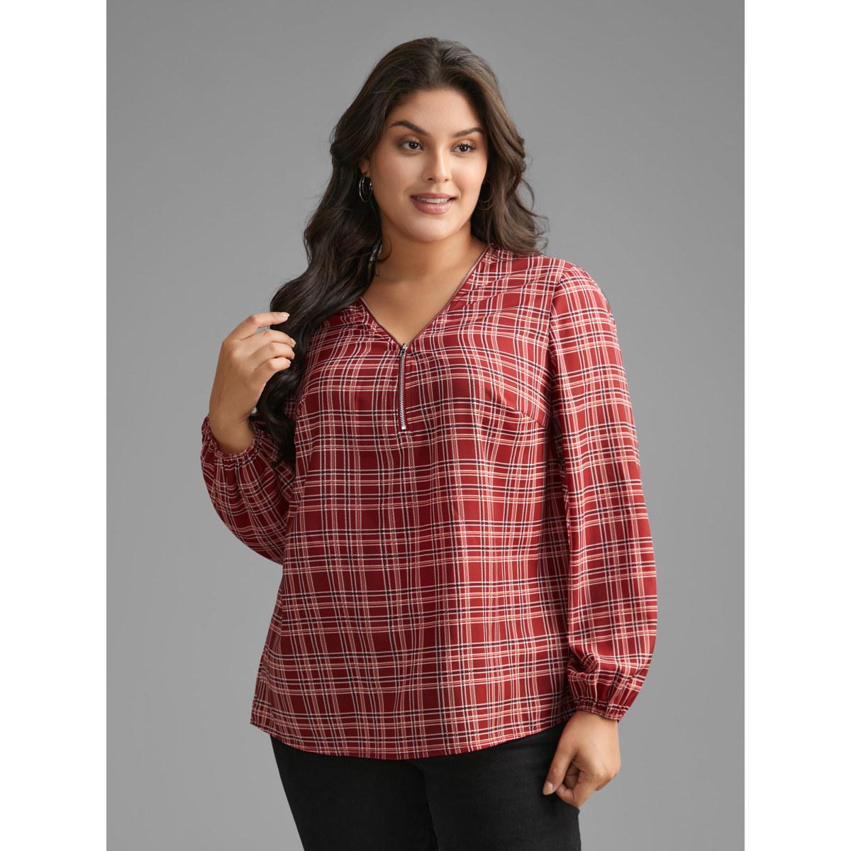 Plus Size Scarlet Plaid Zipper Front Lantern Sleeve Blouse Women Timeless Long Sleeve V-neck Elegant Blouses BloomChic 26/4X Product Image