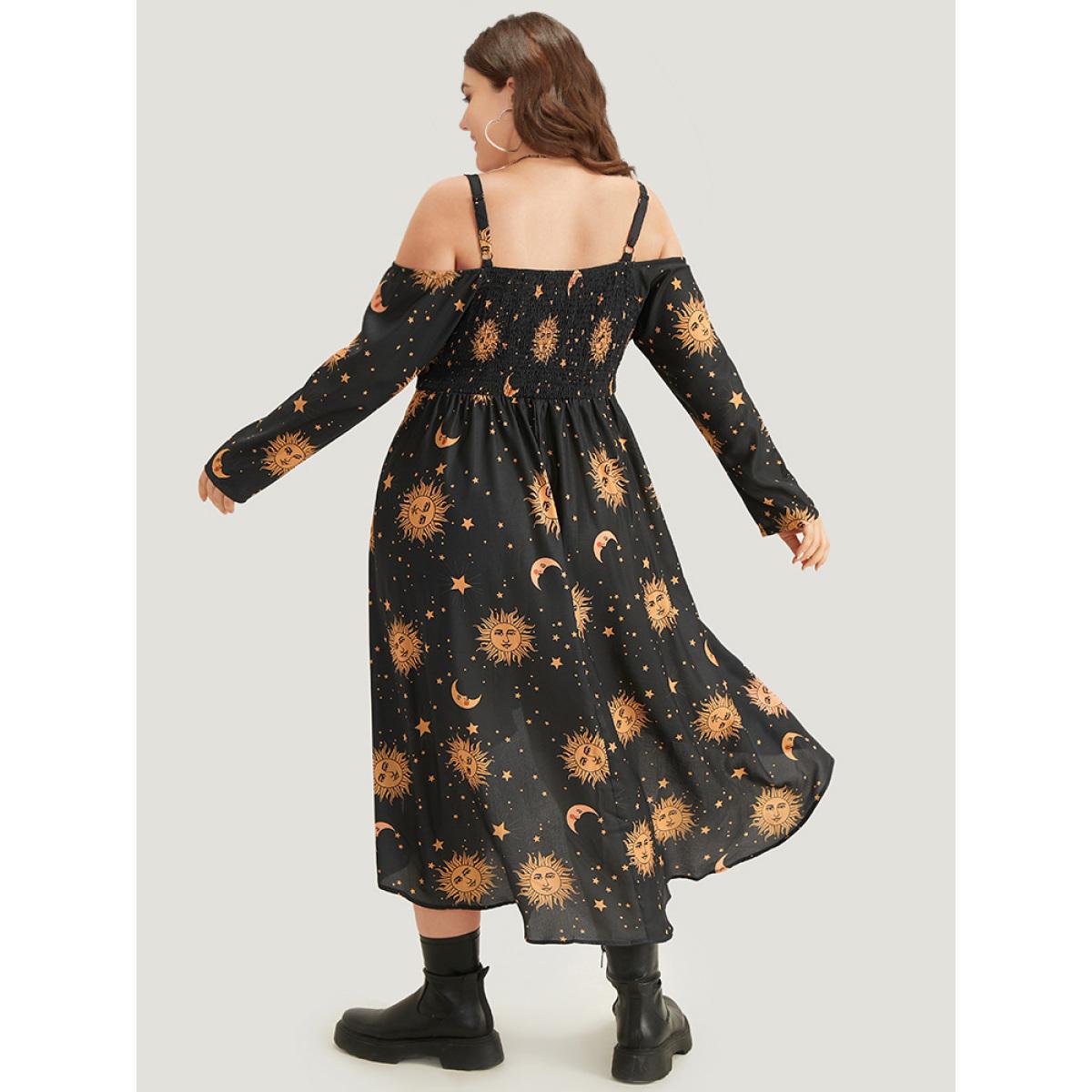 Plus Size Halloween Moon & Star Cold Shoulder Pocket Elastic Waist Dress Black Women Casual Adjustable Straps Spaghetti Strap Long Sleeve Curvy Midi Dress BloomChic 12/L Product Image