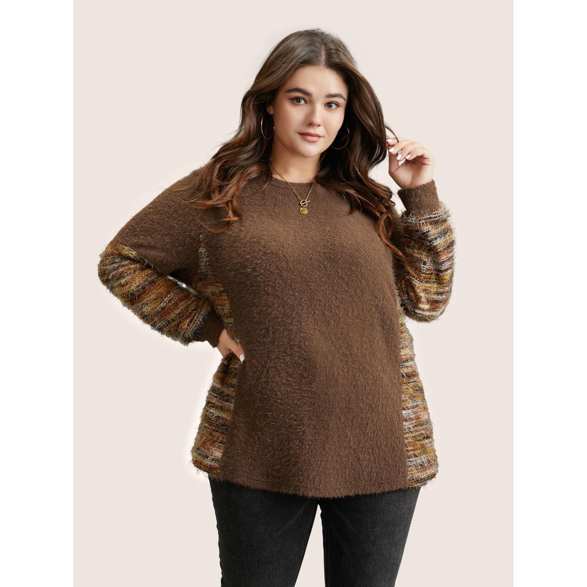 Plus Size Round Neck Patchwork Heather Fluffy Sweatshirt Women DarkBrown Casual Texture Round Neck Dailywear Sweatshirts BloomChic 30/6X Product Image