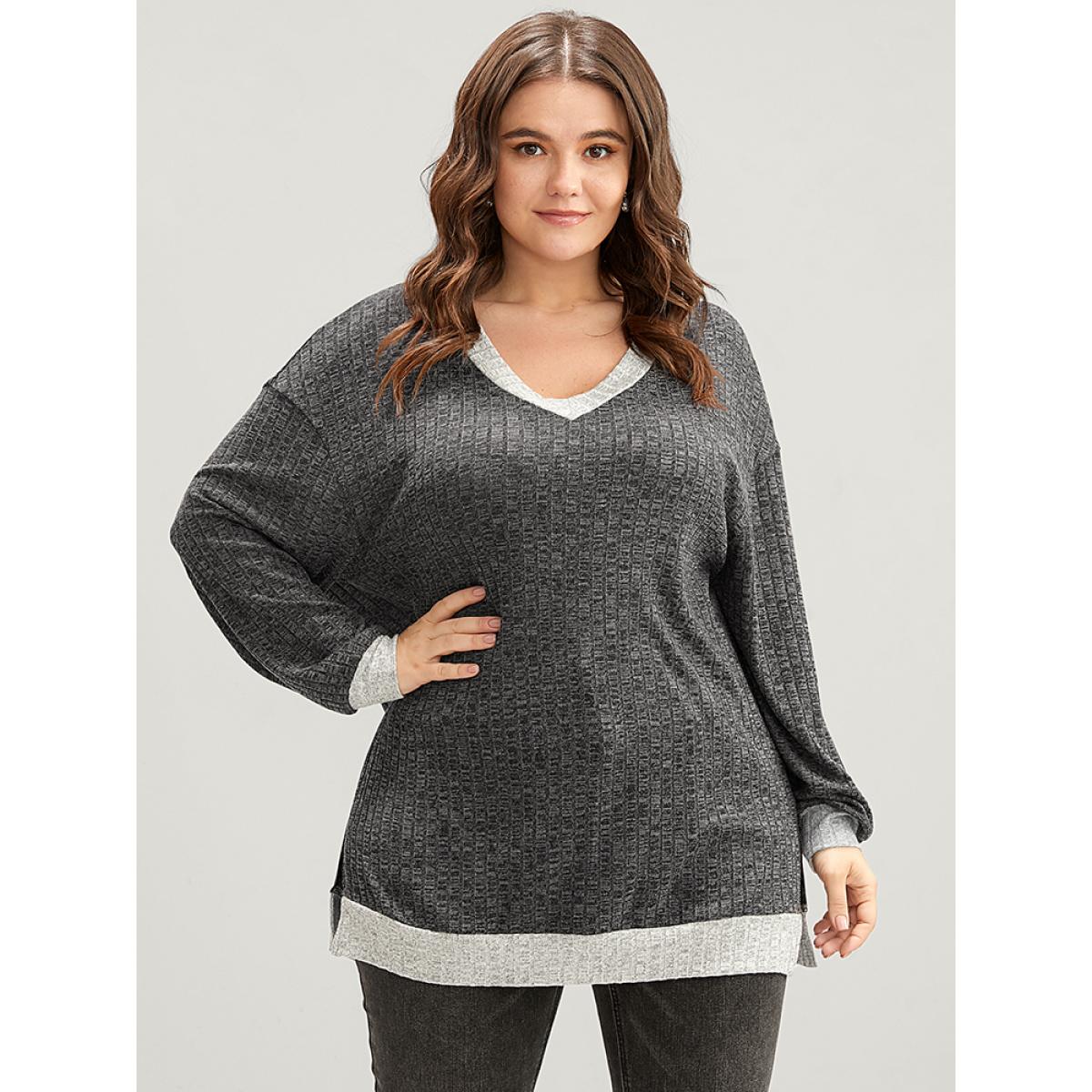 Plus Size Contrast Trim Split Hem Textured V Neck Sweatshirt Women DimGray Casual Patchwork V-neck Dailywear Sweatshirts BloomChic 14-16/1X Product Image