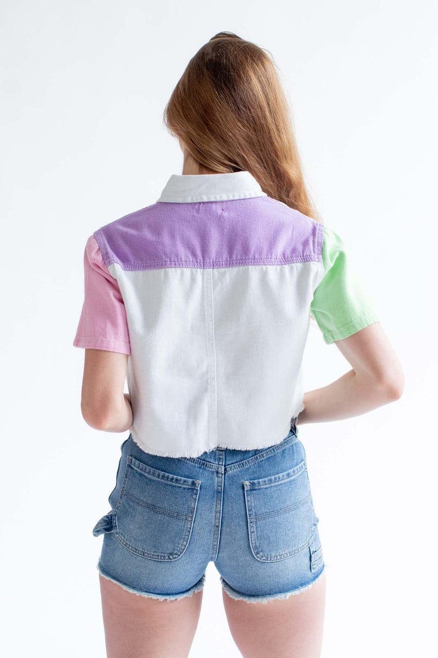 White Color Block Cropped Denim Shacket Product Image
