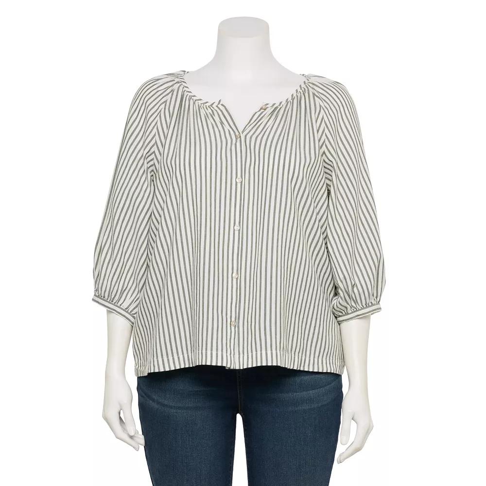 Plus Size LC Lauren Conrad Raglan Sleeve Button Front Peasant Top, Women's, Size: 3XL, Aspen Picnic Stripe Product Image