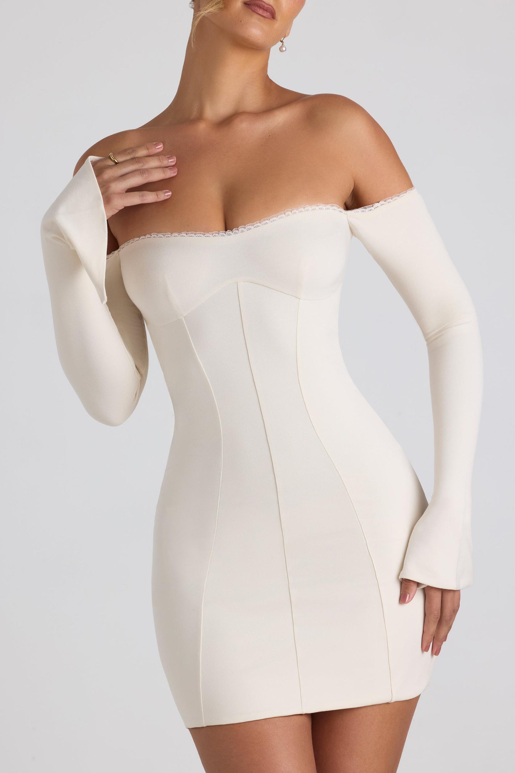 Modal Off-Shoulder Lace-Trim Mini Dress in Ivory Product Image