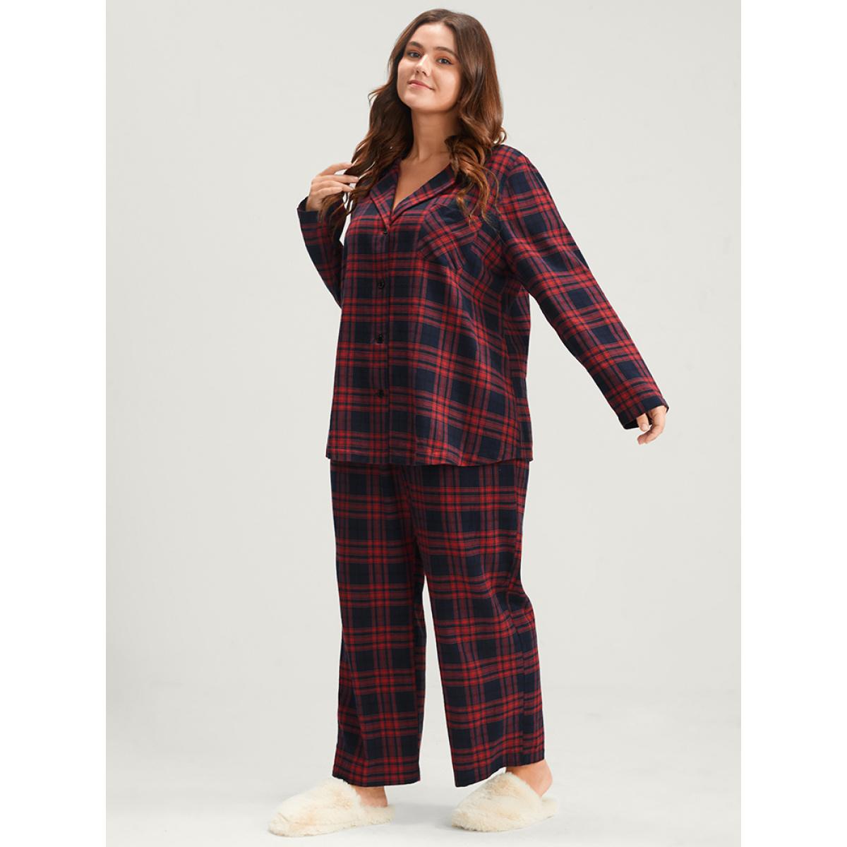Plus Size Tartan Suit Collar Button Up Pocket Pajama Set Women Navy Plaid Button Long Sleeve Suit Collar Casual Loungewear Sets BloomChic 14-16/1X Product Image