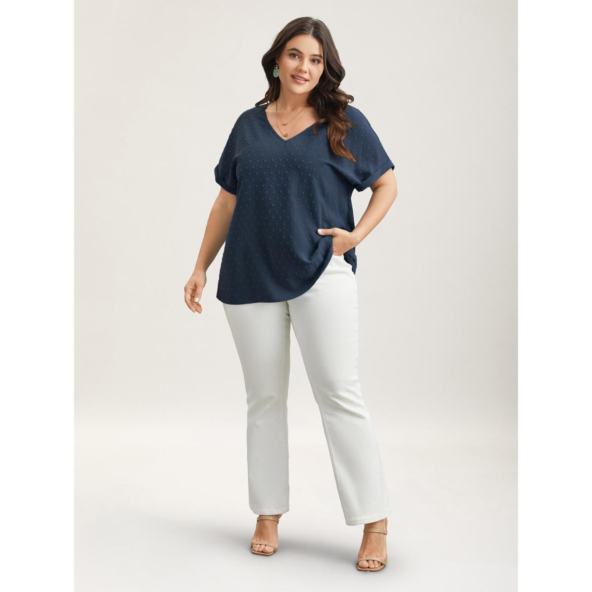 Plus Size Indigo Back-Button Textured V-Neck Shirt Women Timeless Short sleeve V-neck Elegant Blouses BloomChic 18-20/2X Product Image