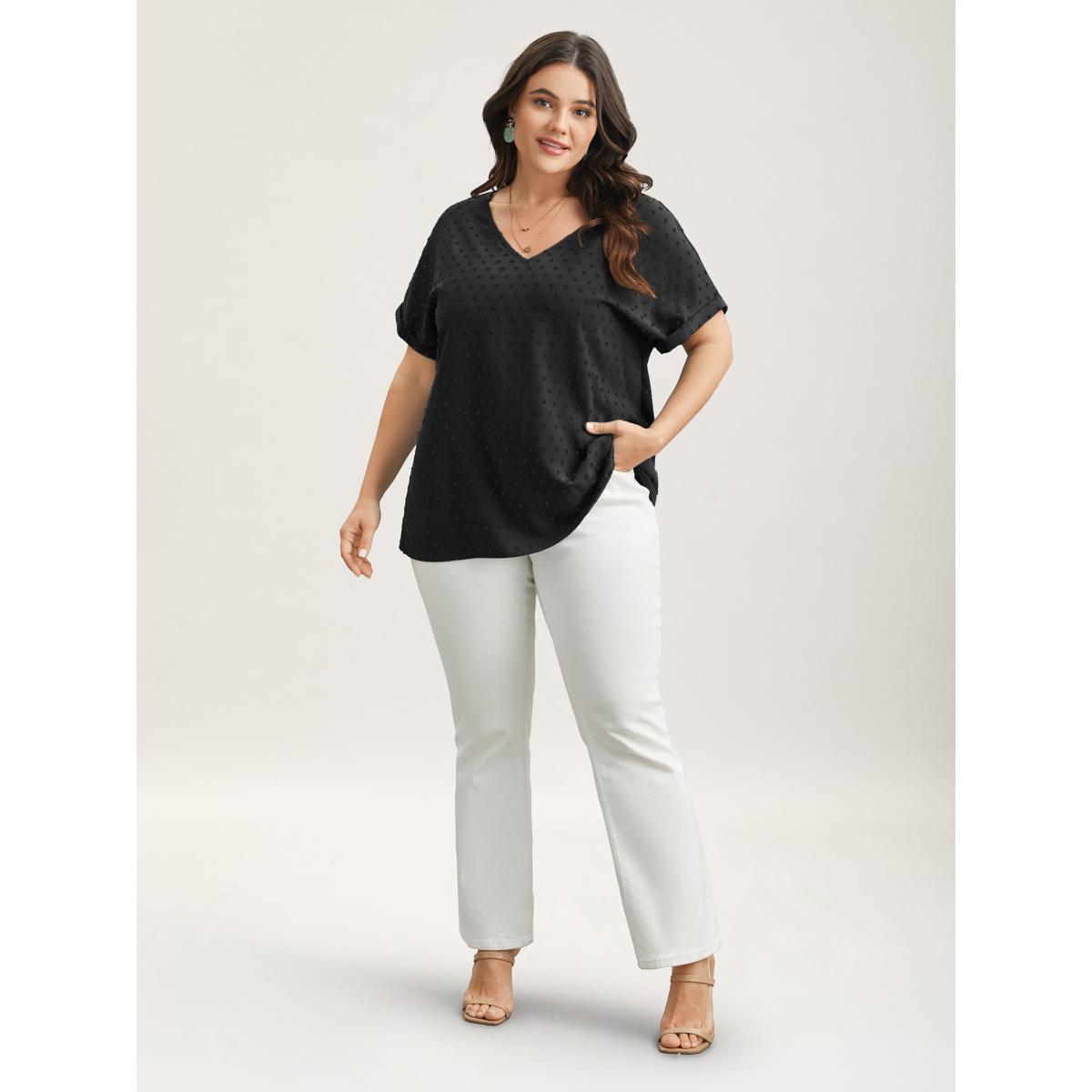 Plus Size Black Back-Button Textured V-Neck Shirt Women Timeless Short sleeve V-neck Elegant Blouses BloomChic 28/5X Product Image