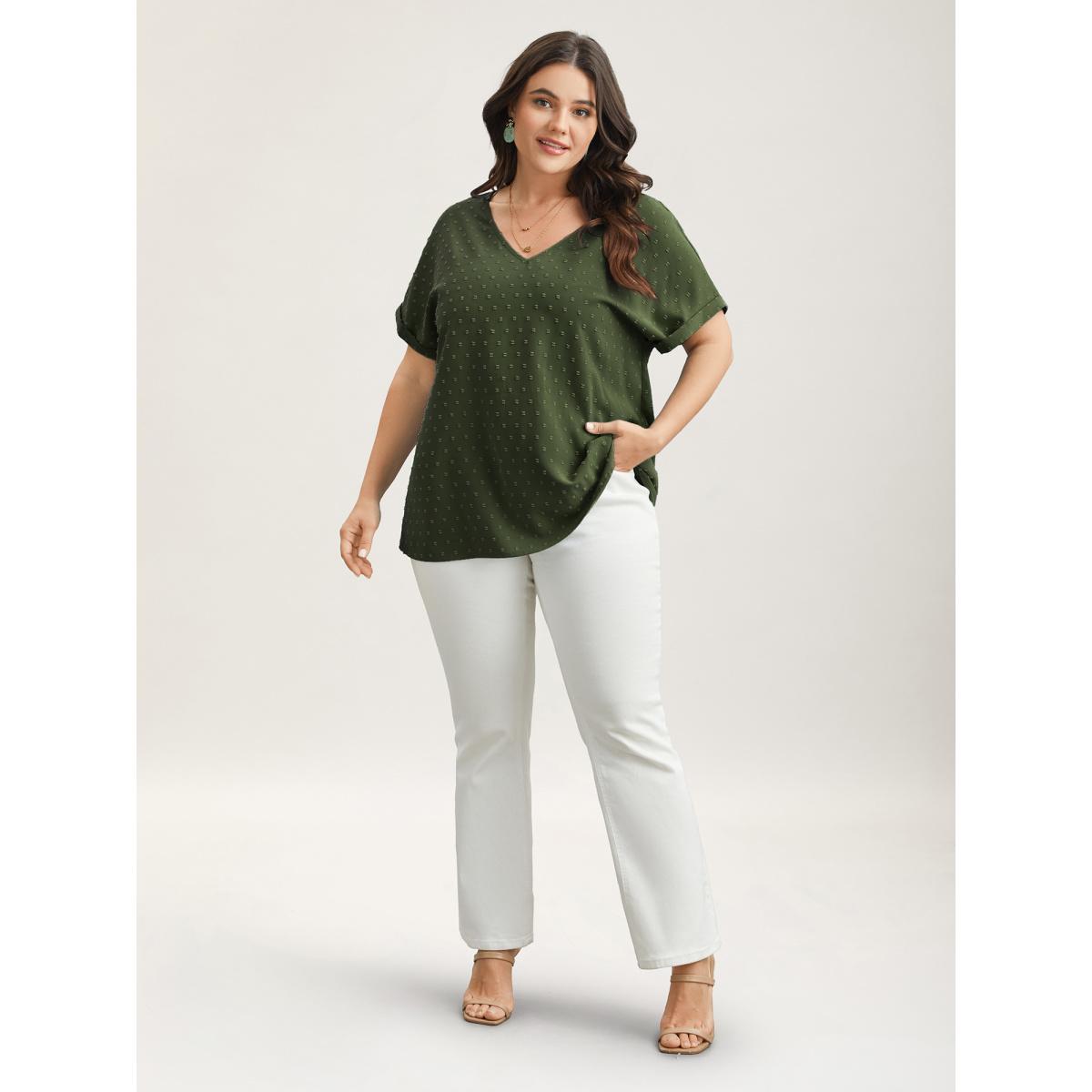 Plus Size ArmyGreen Back-Button Textured V-Neck Shirt Women Timeless Short sleeve V-neck Elegant Blouses BloomChic 14-16/1X Product Image