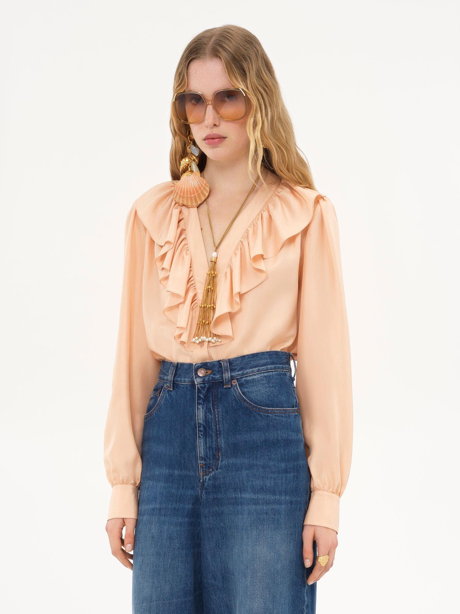 V-neck ruffled blouse in silk habotai Product Image