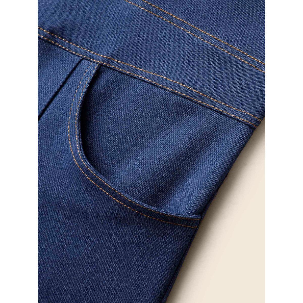 Plus Size Stretch Denim Seamed Flare Jumpsuit Midblue Women Button Medium stretch Vacation Patch pocket Resort Denim Jumpsuits BloomChic 10/M Product Image