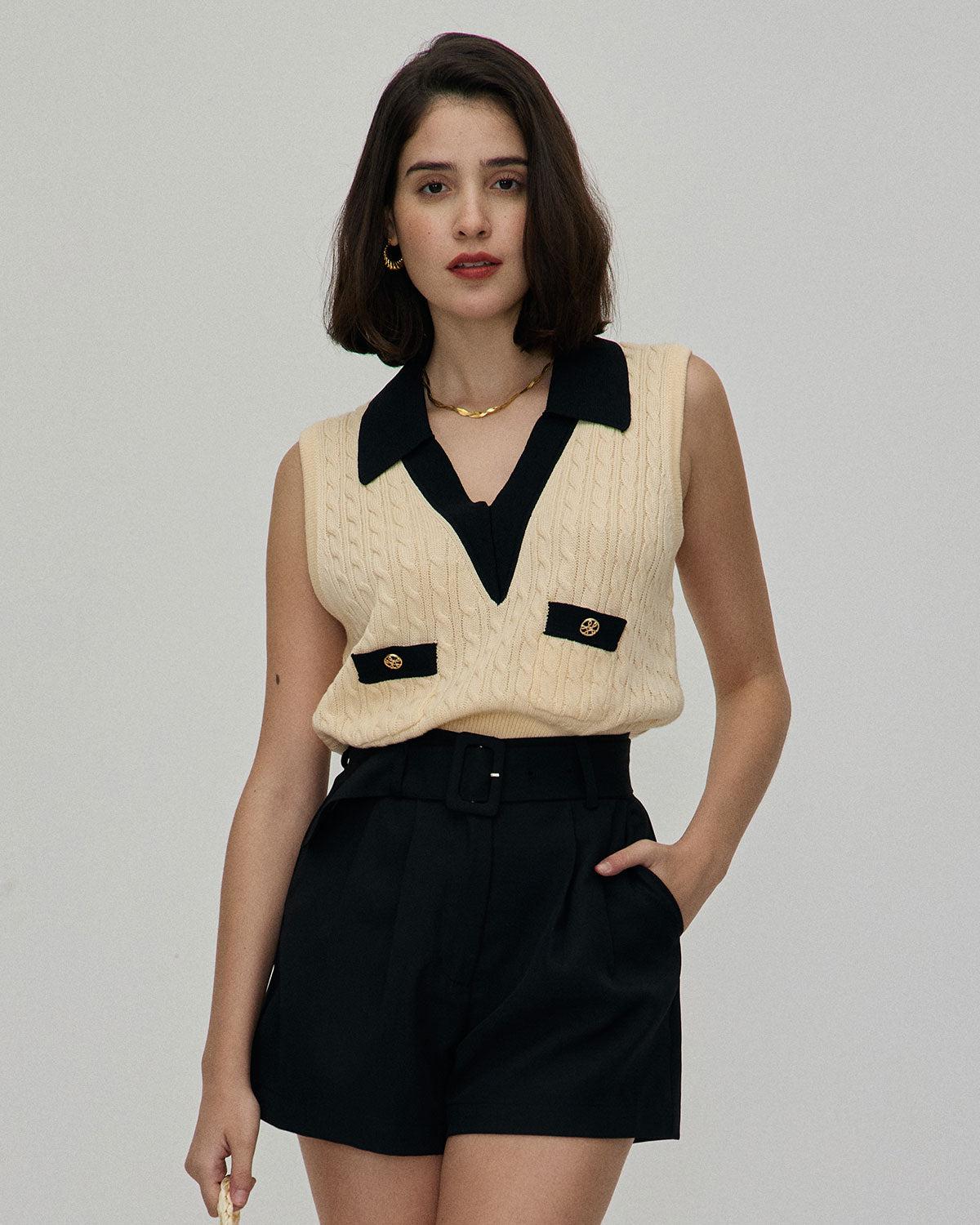 The Black High-waisted Pleated Belted Shorts Product Image
