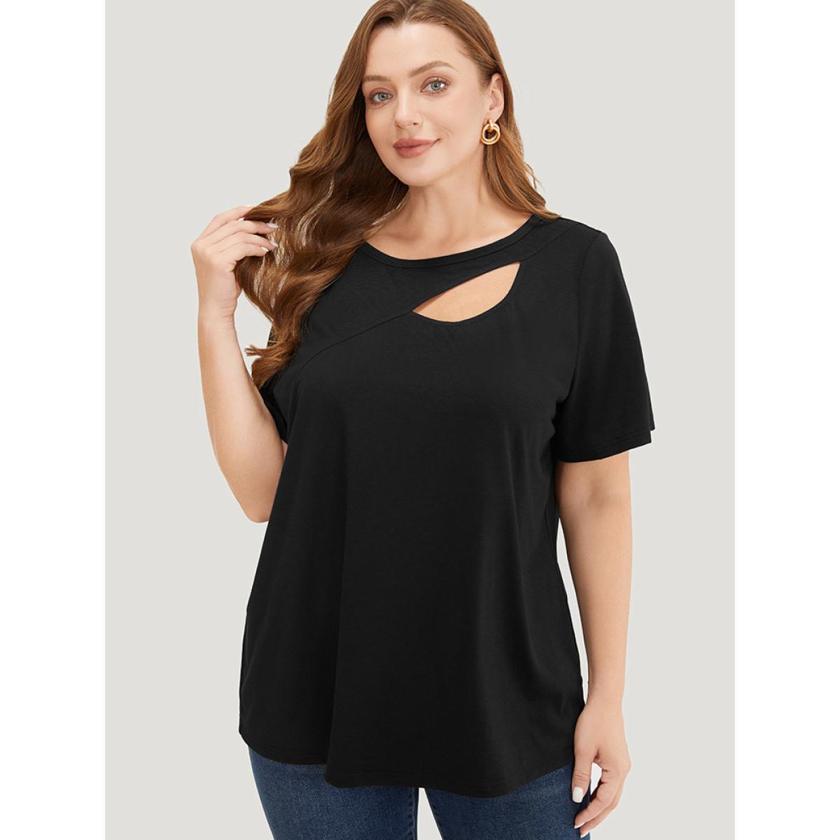 Plus Size Solid Cut Out Crew Neck T-shirt Black Women Elegant Cut-Out Plain Round Neck Dailywear T-shirts BloomChic 18-20/2X Product Image