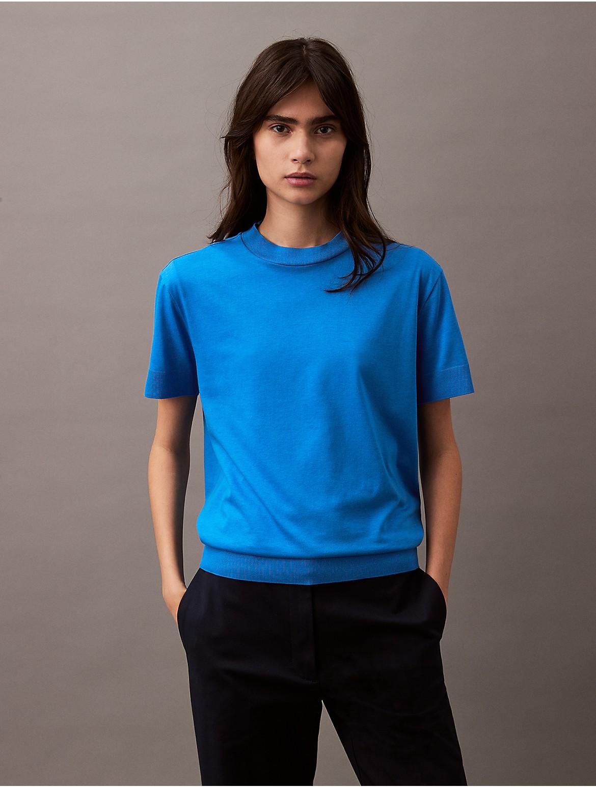 Calvin Klein Womens Fine Knit Mock Neck T-Shirt - Blue Product Image
