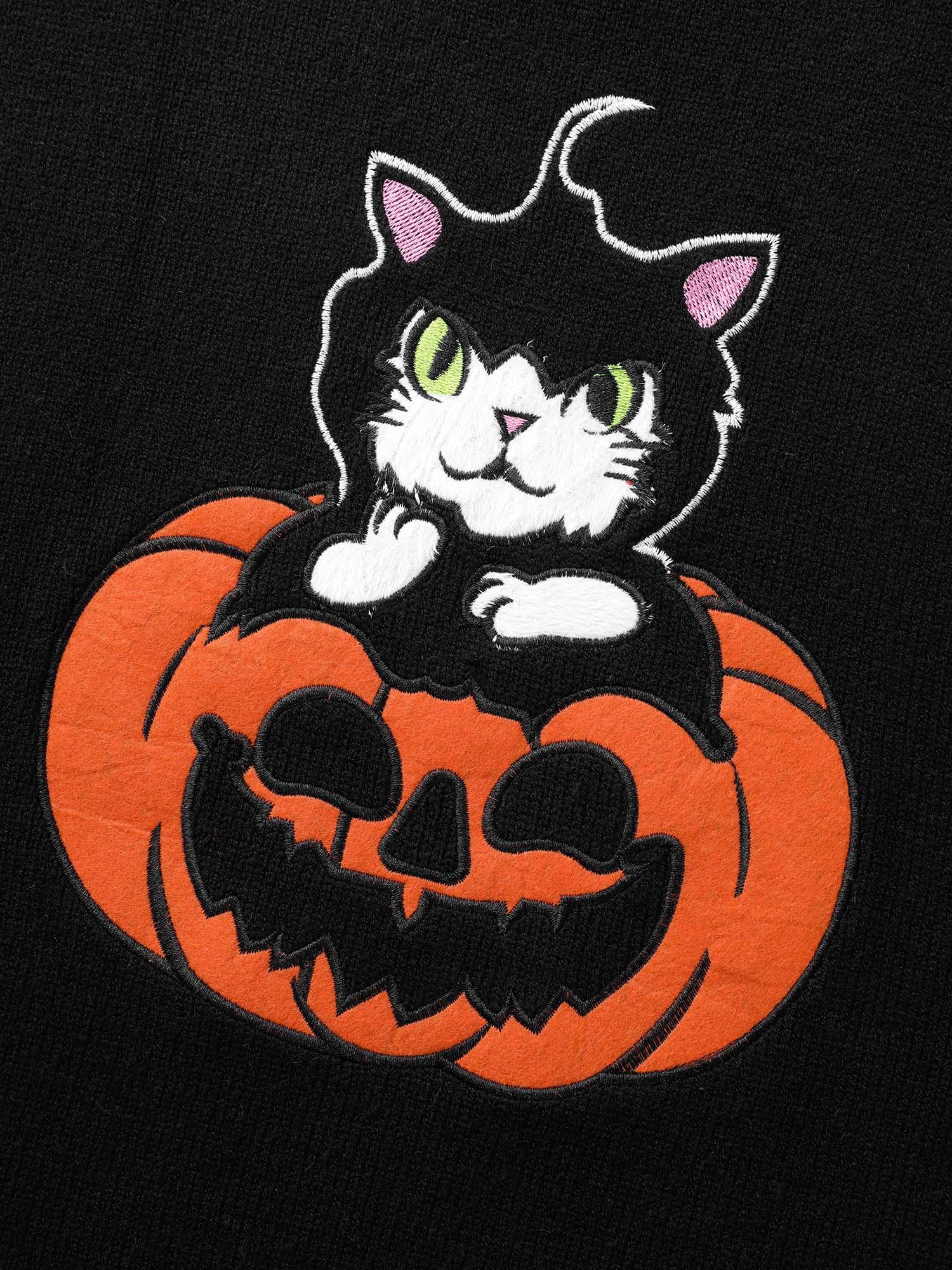Embroidered Cat In Pumpkin Crew Neck Pullover Female Product Image