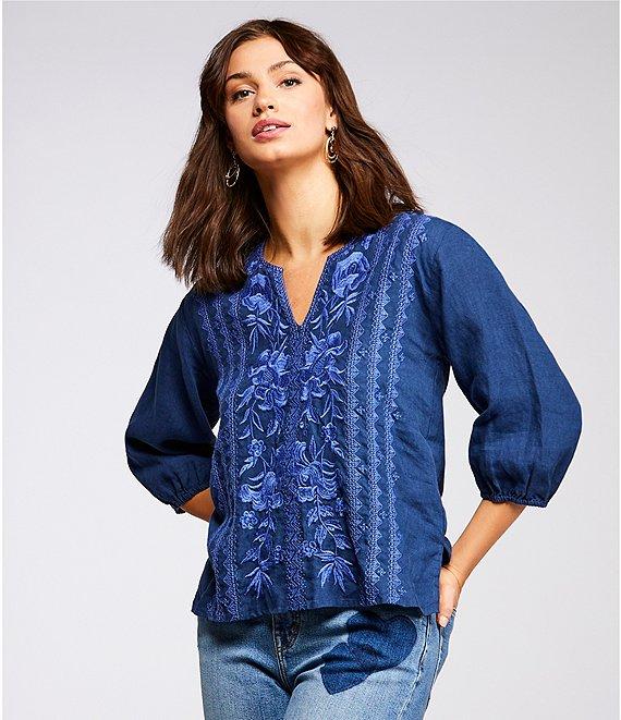JOHNNY WAS Camille Embriordered Linen Split V-Neck 3/4 Puff Sleeve Blouse Product Image