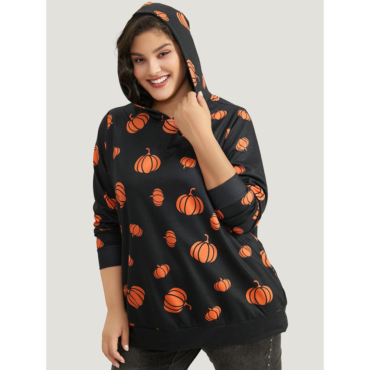 Plus Size Pumpkin Print Hooded Sweatshirt Women Black Casual Elastic cuffs Hooded Festival-Halloween Sweatshirts BloomChic 10/M Product Image