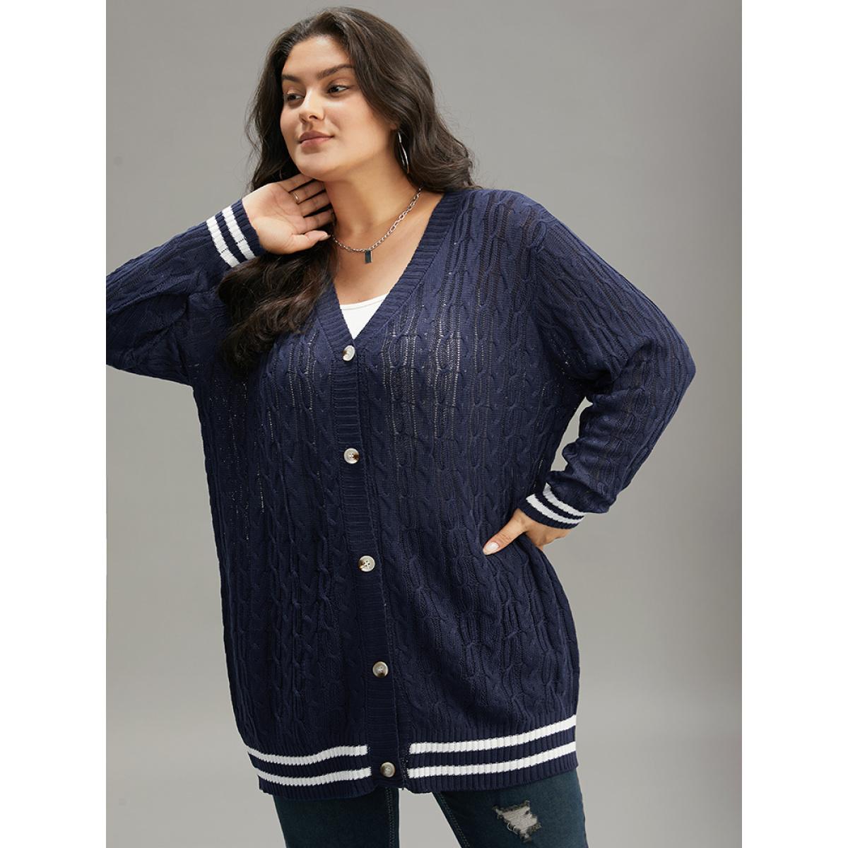 Plus Size Cable Knit Striped Patchwork Button Through Cardigan Indigo Women Casual Loose Long Sleeve Dailywear Cardigans BloomChic 30/6X Product Image