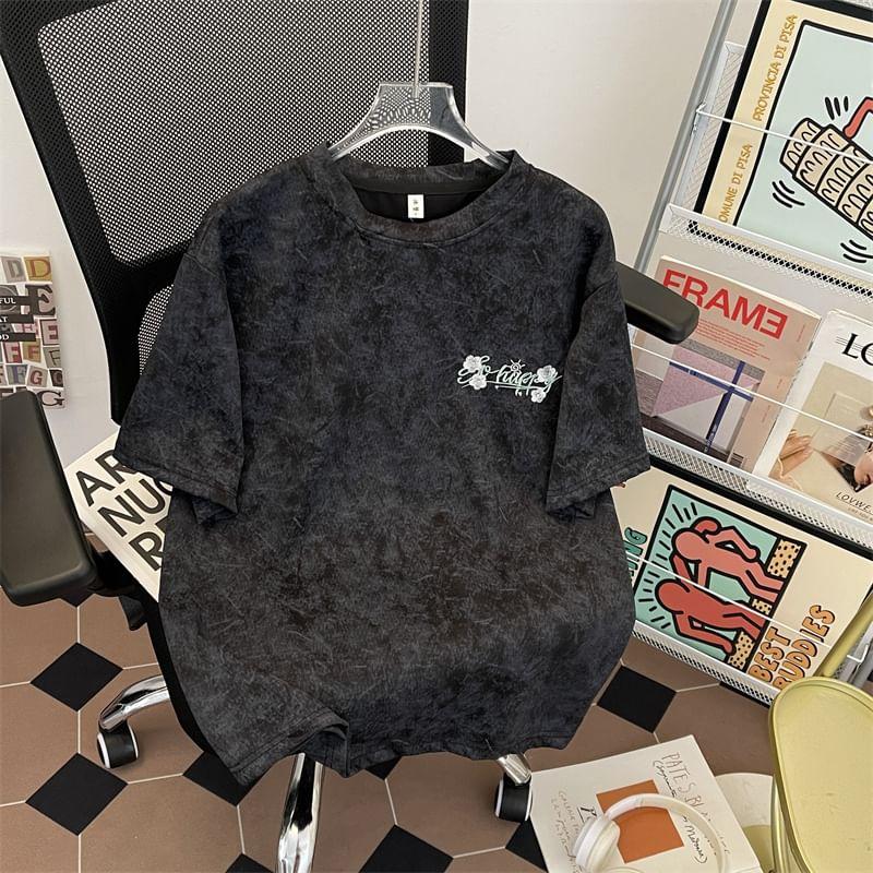 Short-Sleeve Round Neck Lettering Embroidered T-Shirt Product Image
