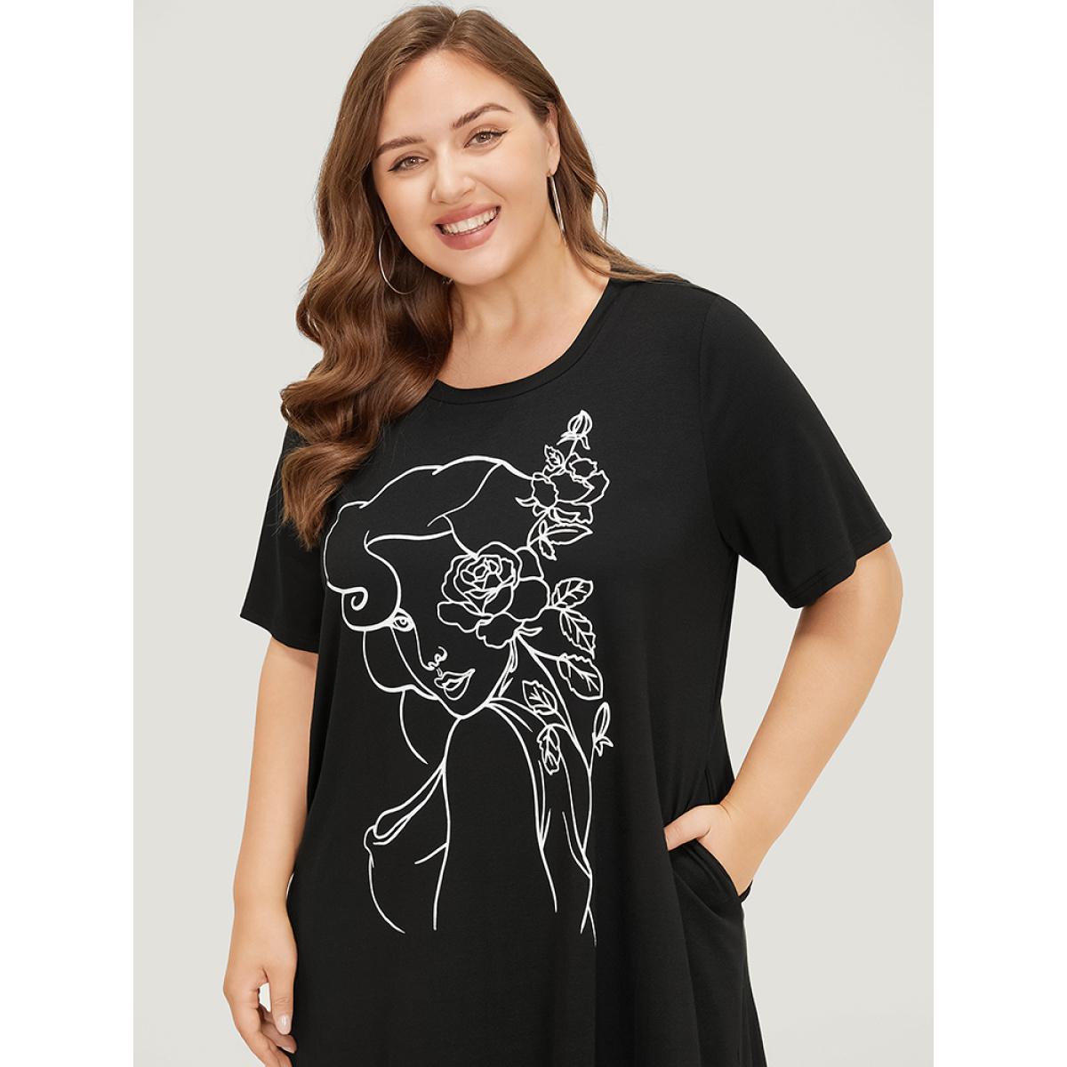 Plus Size Rose & Figure Print Pocket Flutter Graphic Dress Black Women Casual Printed Curvy Knee Dress BloomChic 12/L Product Image