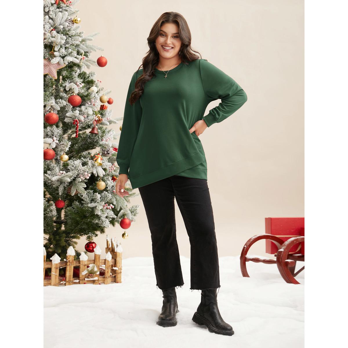 Plus Size Overlapping Hem Round Neck Sweatshirt Women DarkGreen Casual Overlapping Round Neck Everyday Sweatshirts BloomChic 26/4X Product Image