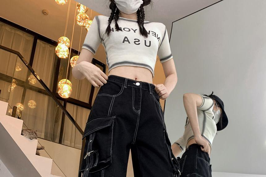 High Rise Contrast Stitching Buckled Loose Fit Cargo Jeans Product Image