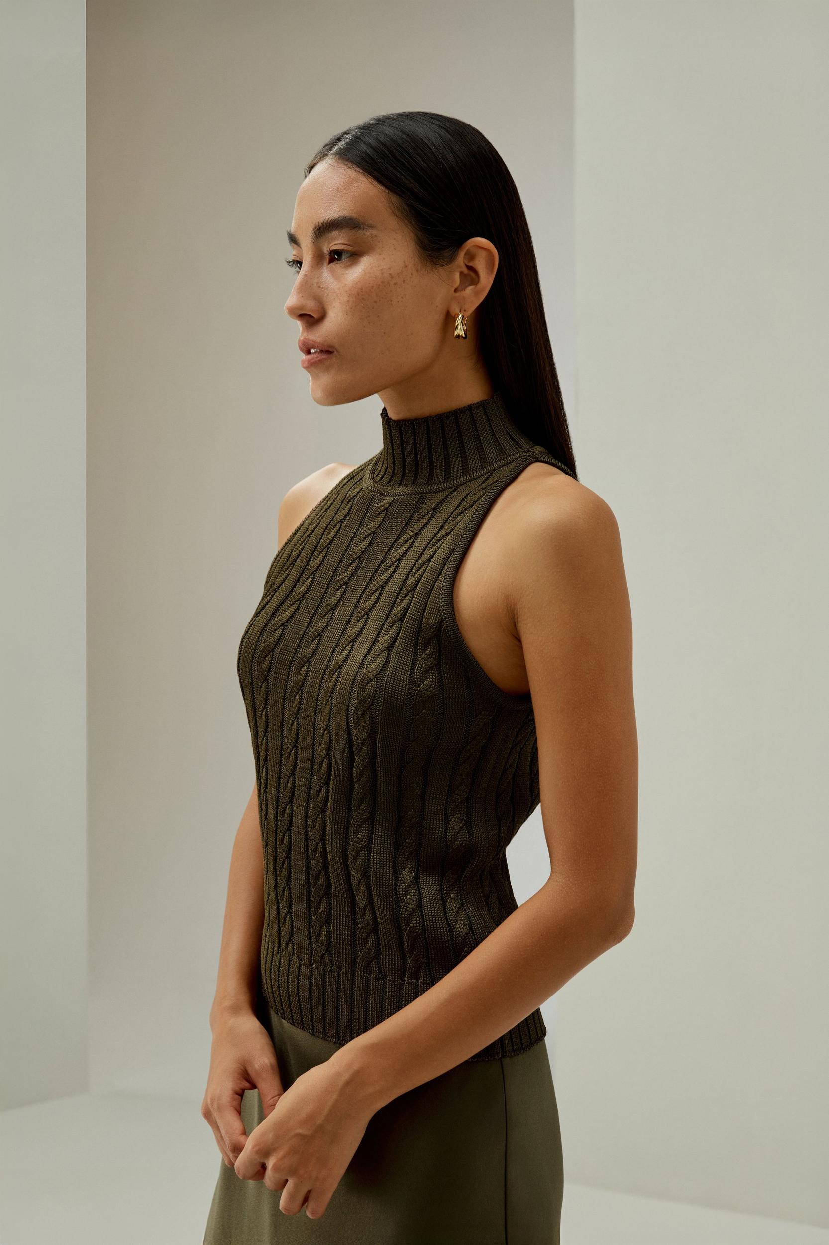 Classic High-Neck Cable-Knit Sleeveless Top Product Image