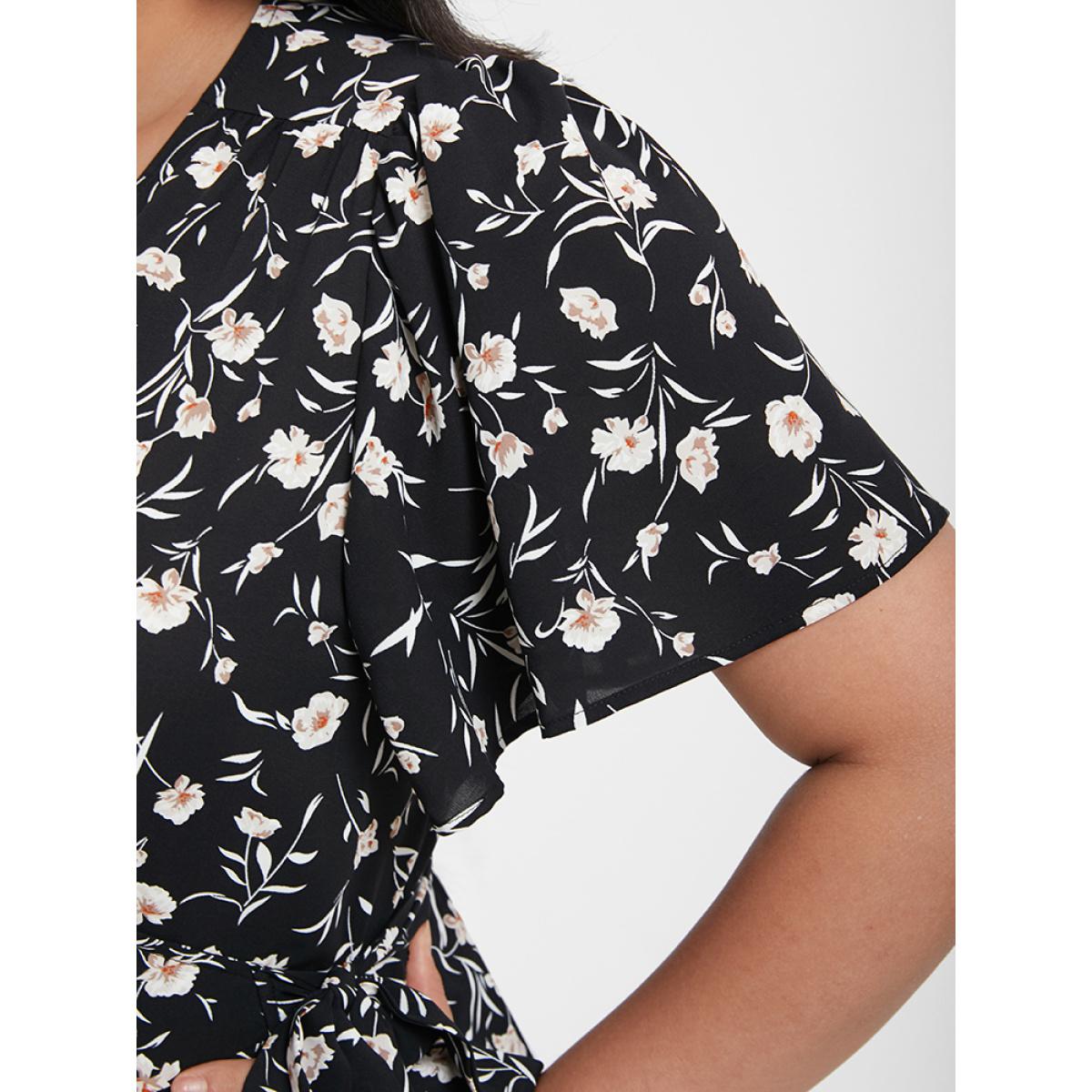 Plus Size Floral V Neck Ties Ruffled Split Midi Dress BlackFlower Women Elegant Slit V-neck Short sleeve Curvy Midi Dress BloomChic 26/4X Product Image