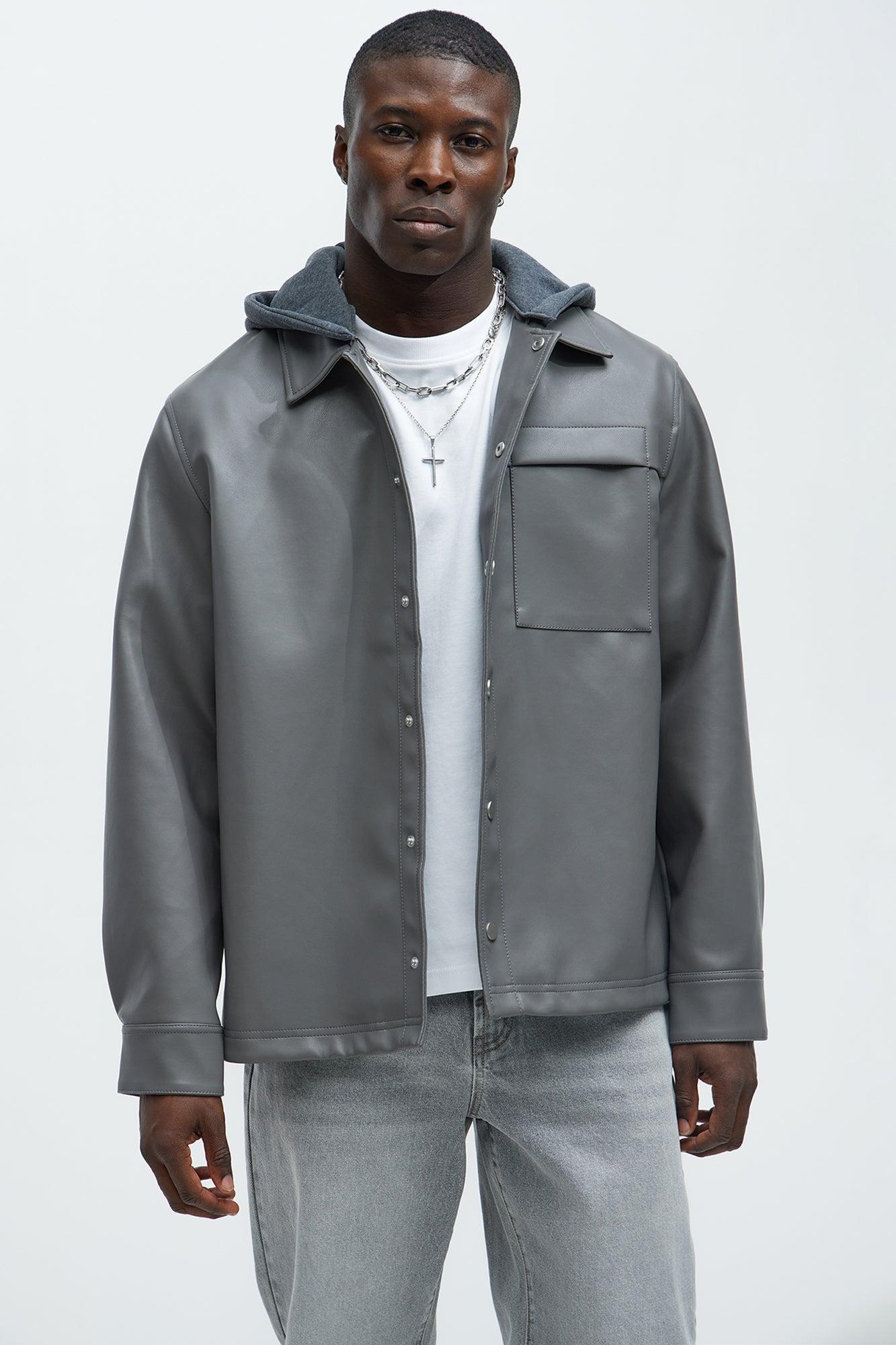 Never Love U More Faux Leather Hooded Jacket - Grey Product Image