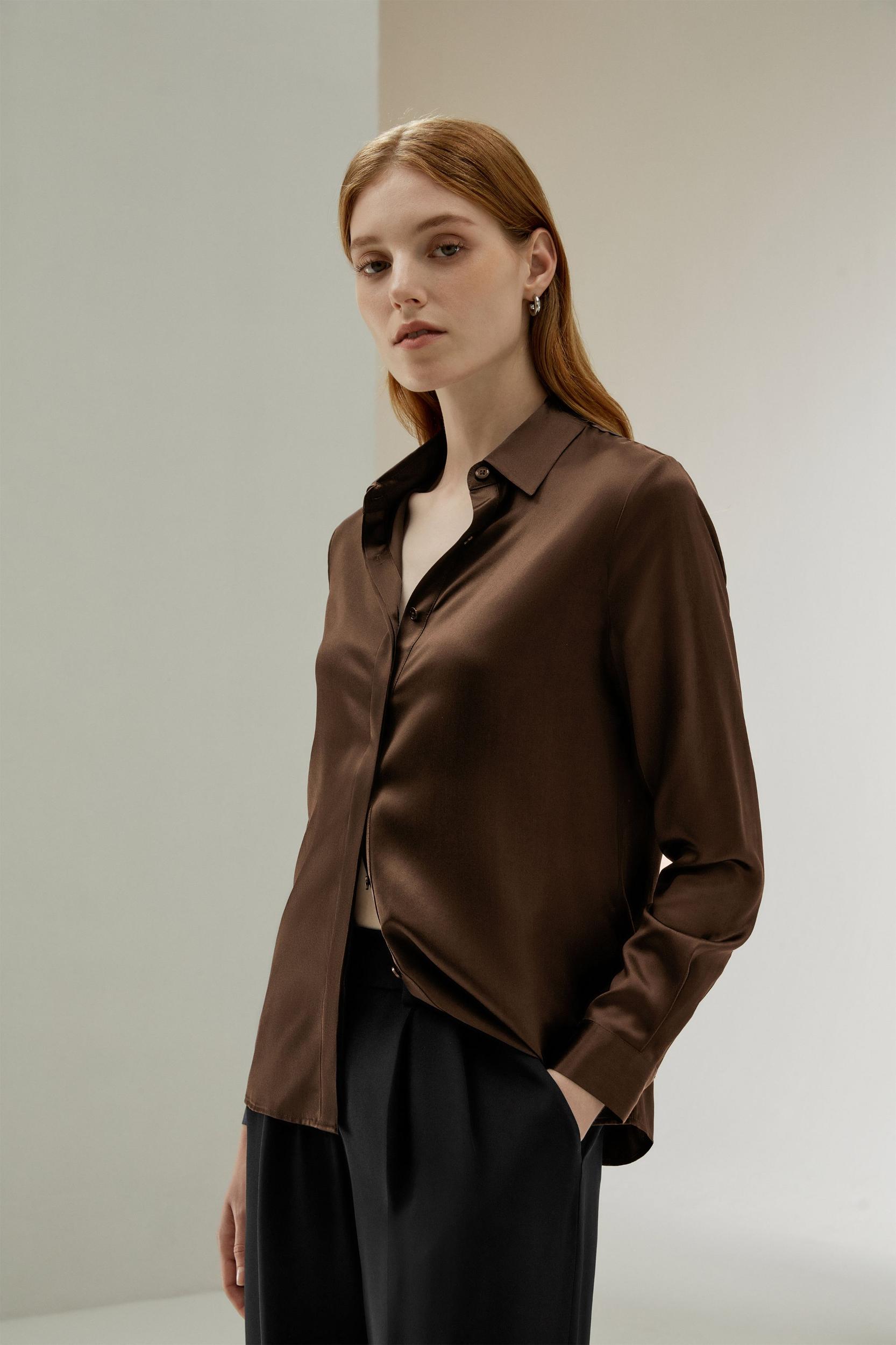 Basic Concealed Placket Silk Shirt Product Image