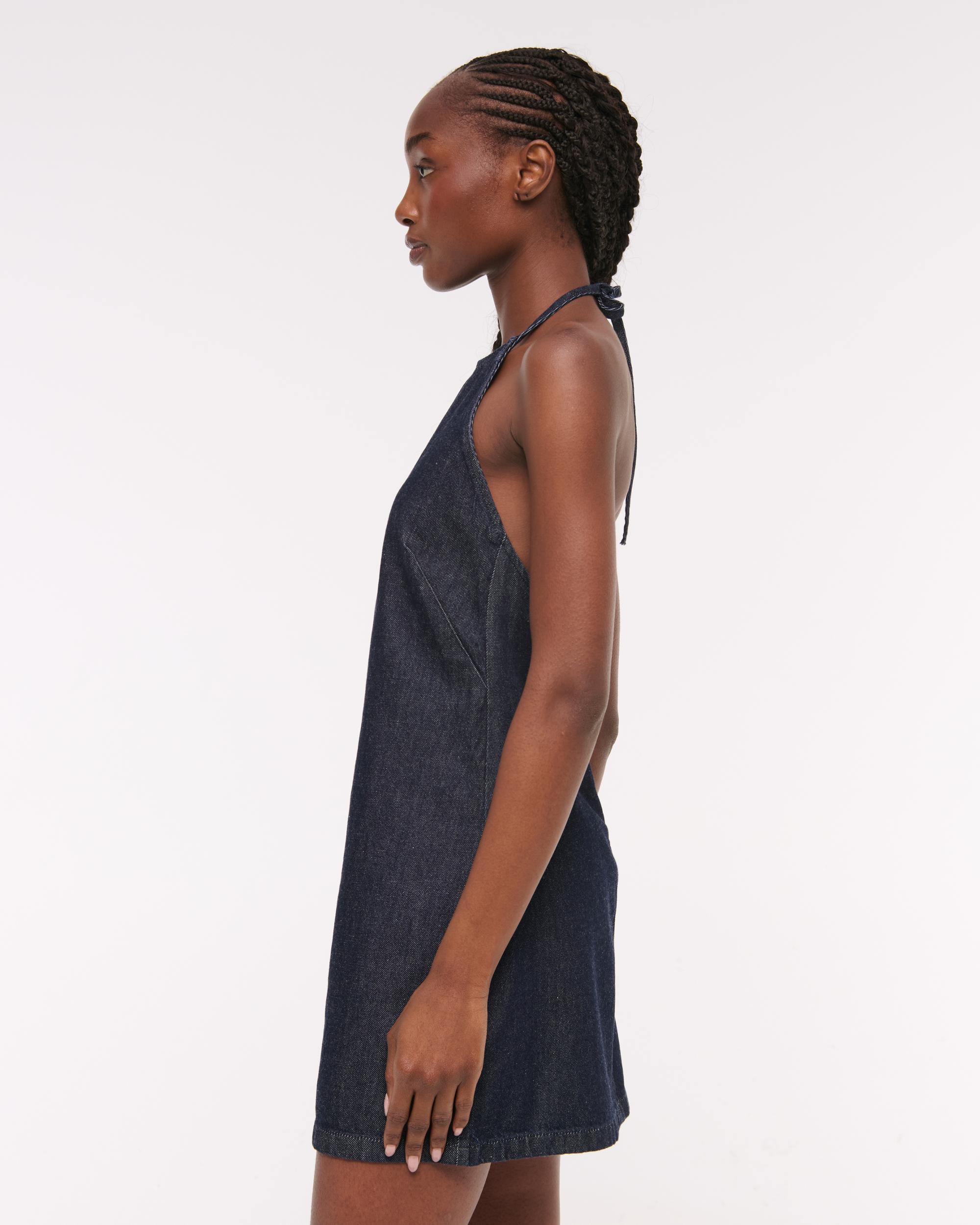 Open-Back Halter Denim Mini Dress Product Image