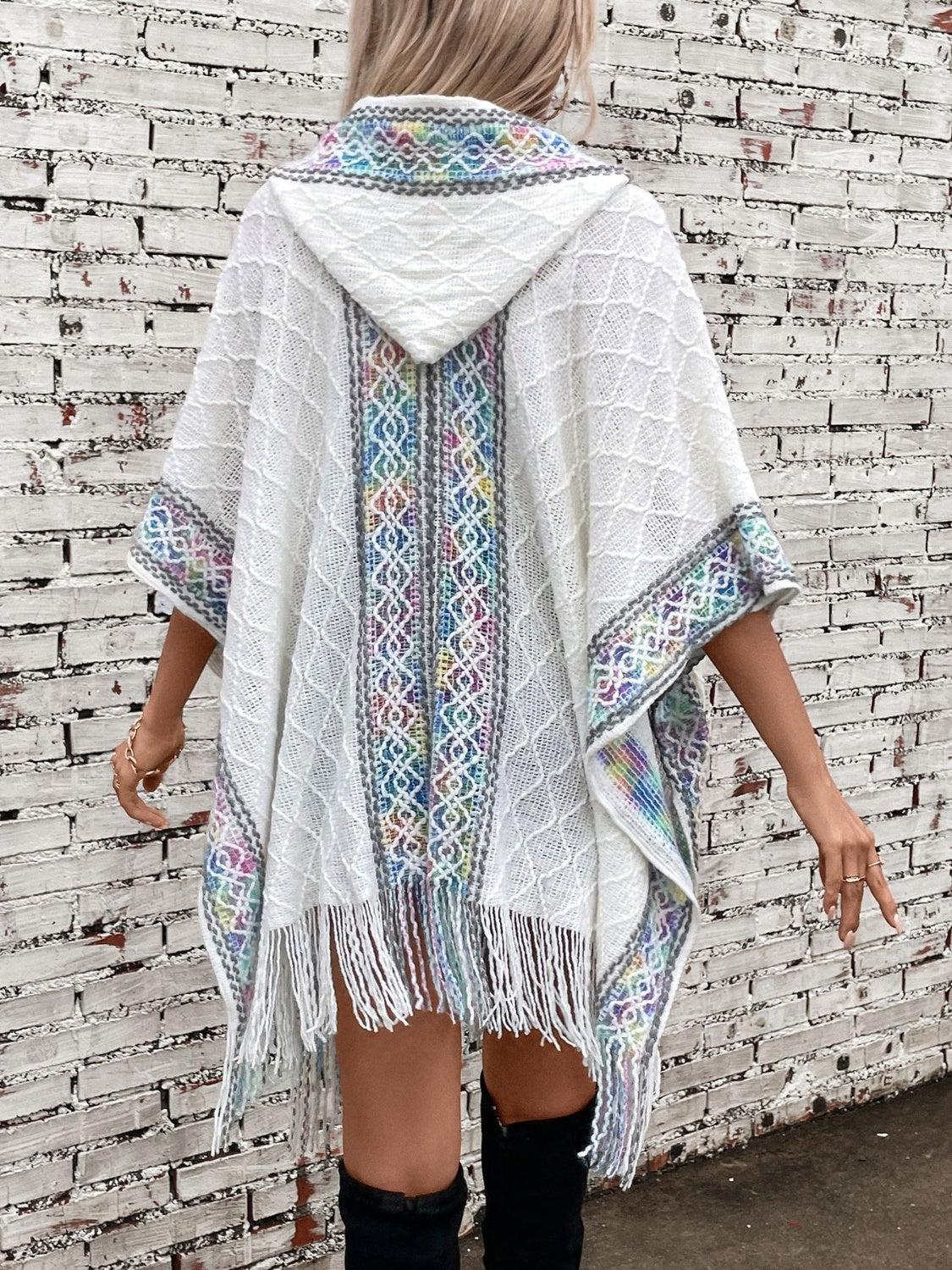 Fringe Half Sleeve Hooded Poncho Product Image